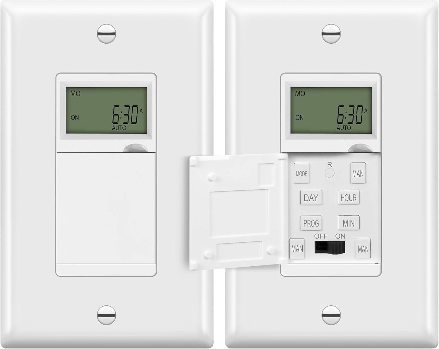 ENERLITES Programmable Digital Timer Switch for Lights, Fans, Motors, 7-Day 18 ON/OFF Timer Settings, Single Pole, Neutral Wire Required, UL Listed, White, 2 Pack