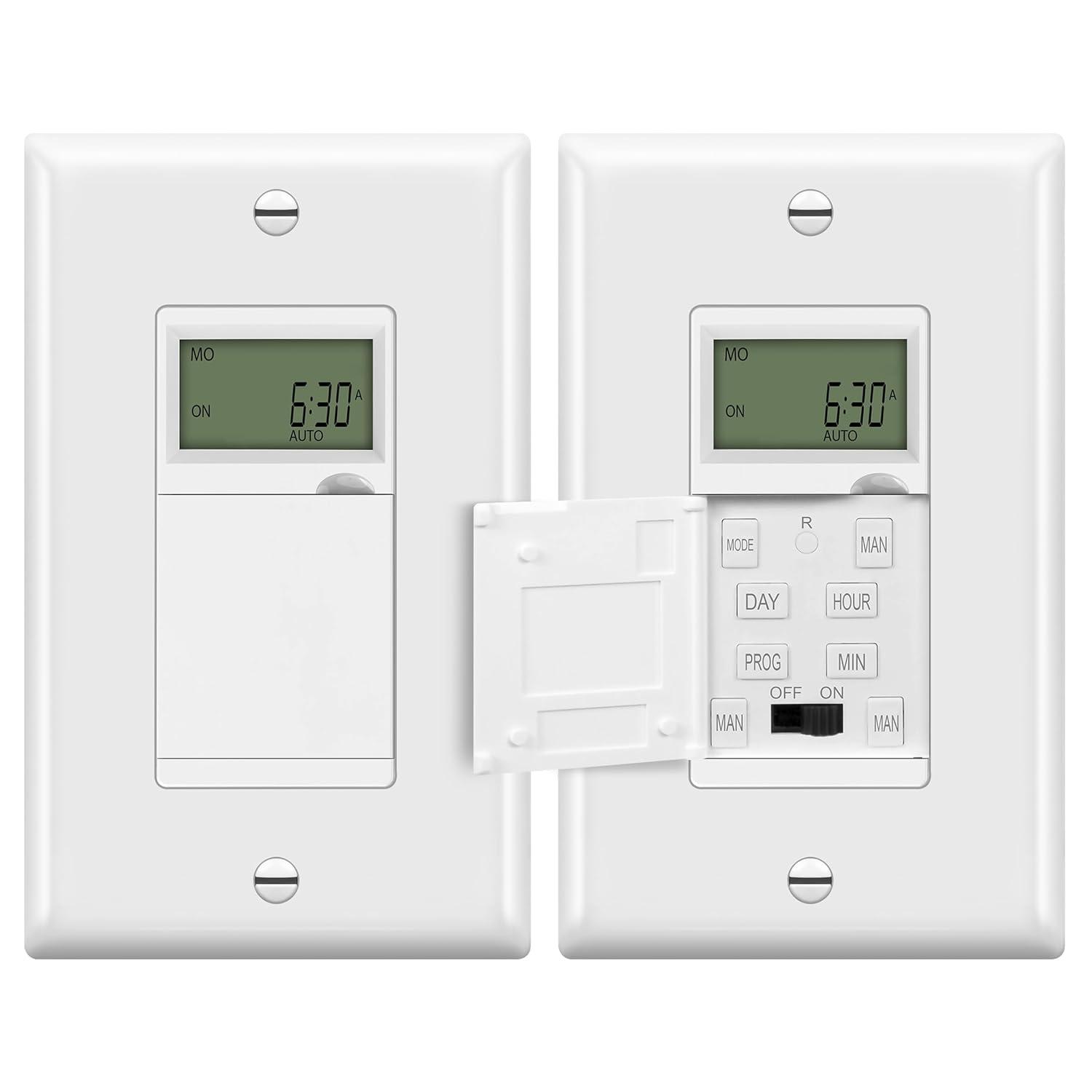 ENERLITES Programmable Digital Timer Switch for Lights, Fans, Motors, 7-Day 18 ON/OFF Timer Settings, Single Pole, Neutral Wire Required, UL Listed, White, 2 Pack