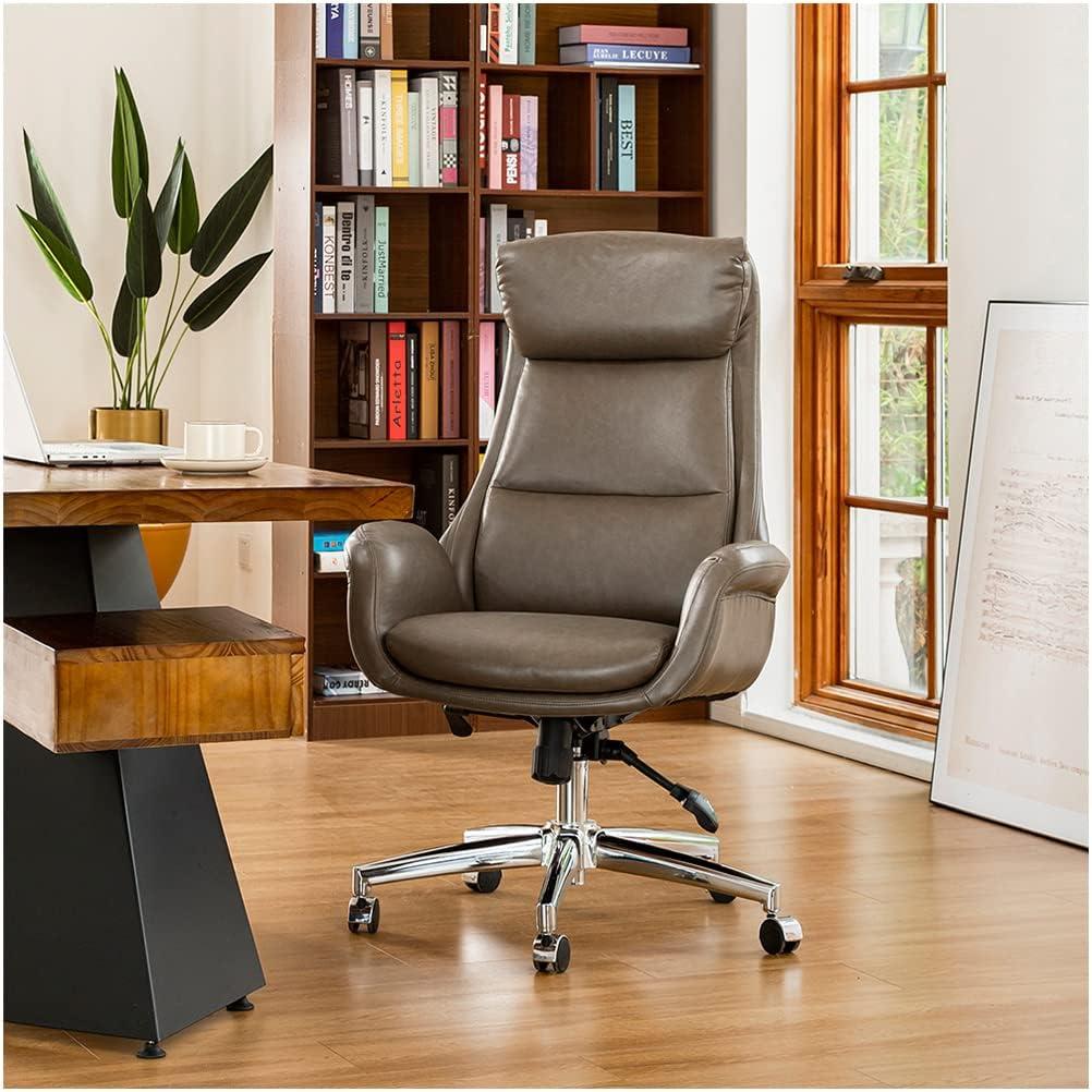 Mid-Century Modern Brownish Leatherette Adjustable Swivel High Back Office Chair Gray - Glitzhome: Upholstered with Fixed Arms & Plywood Frame