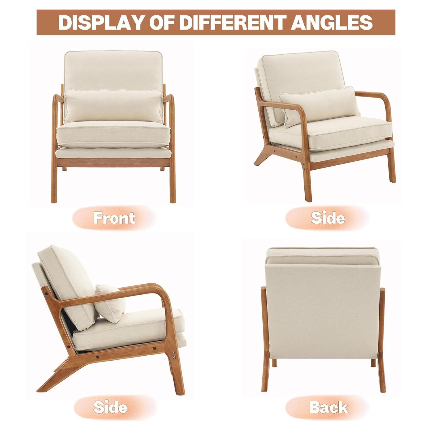 JULY'S SONG Mid-Century Wood Upholstered Fabric Solid Print Armchair, Beige (Set of 2)