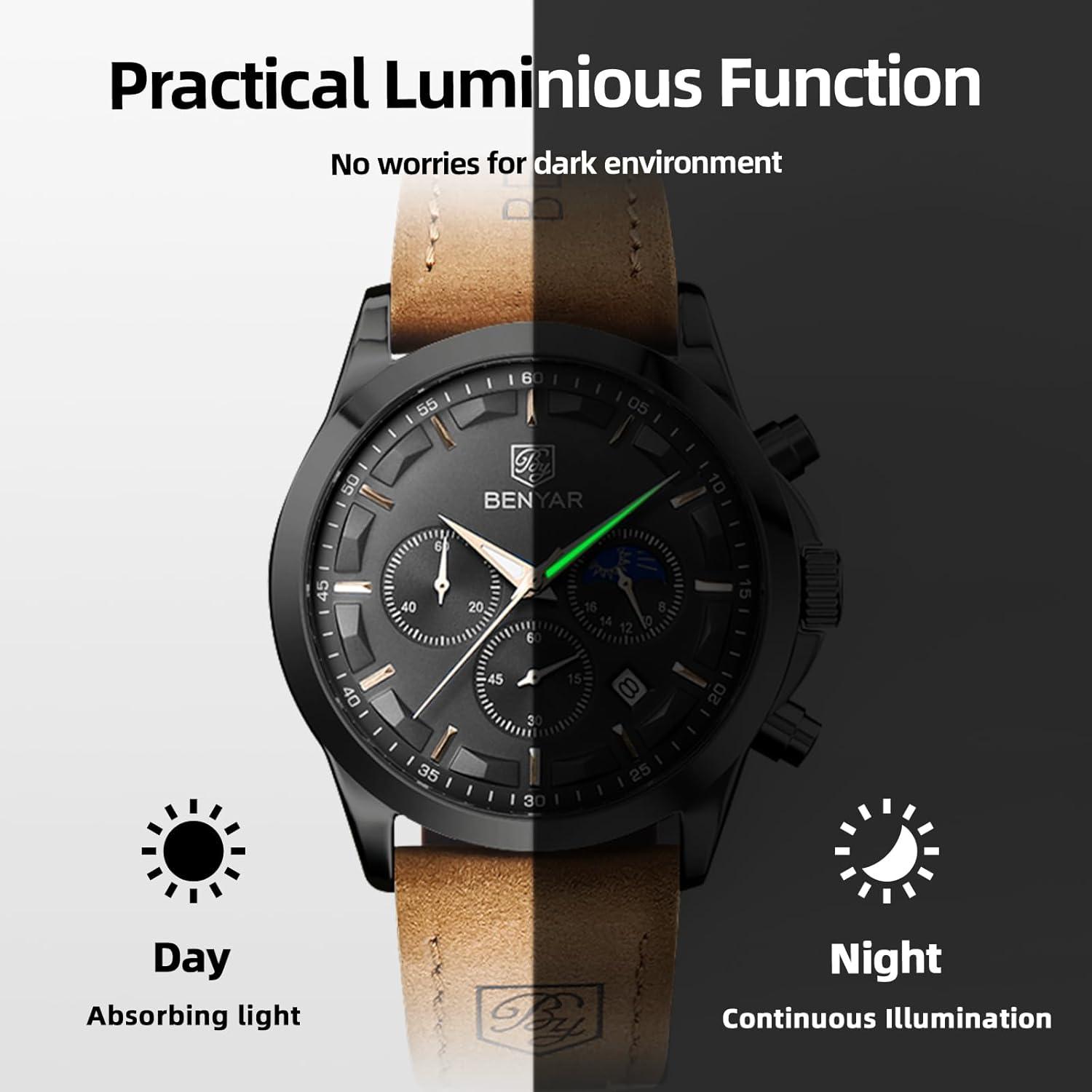 BY BENYAR Mens Watches Analog Quartz Chronograph Waterproof Wrist Watches for Men Fashion Business Work Casual Sport Designer Dress Watch with Calendar Elegant Gifts for Men