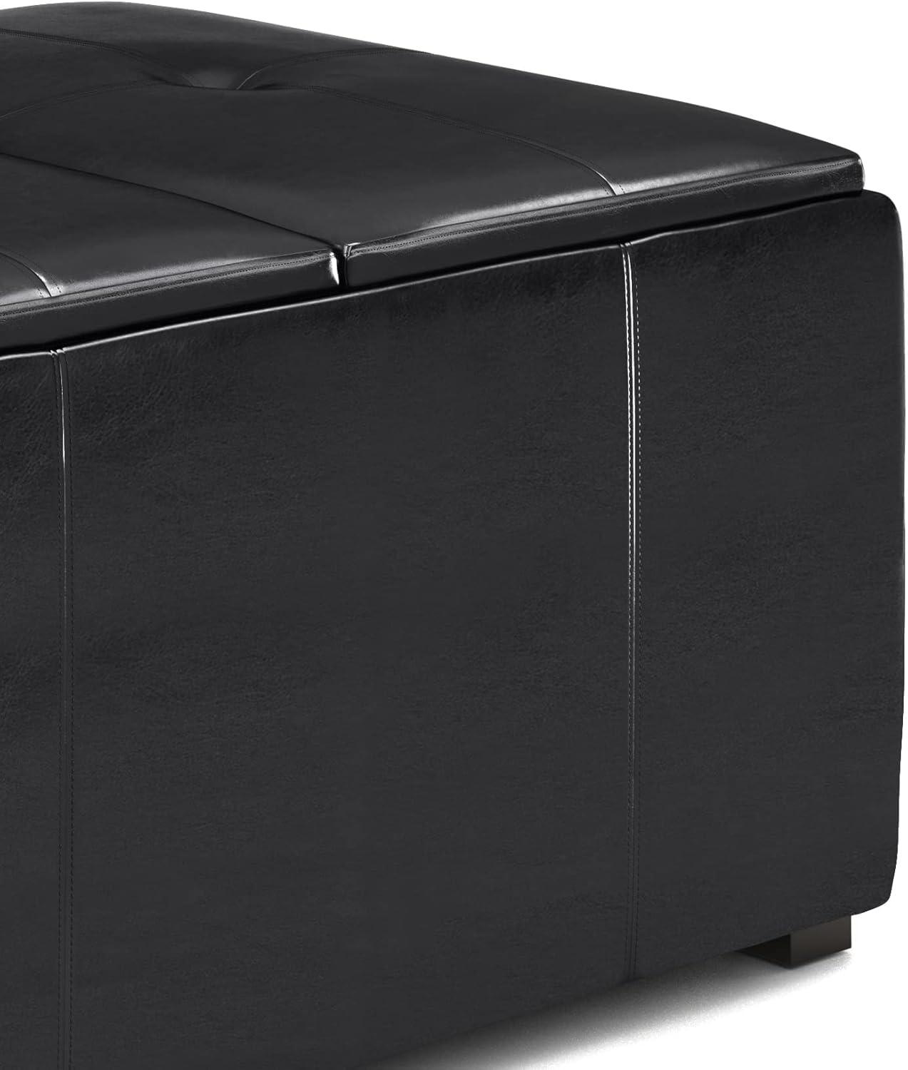 Midnight Black Tufted Faux Air Leather Cocktail Ottoman with Tray