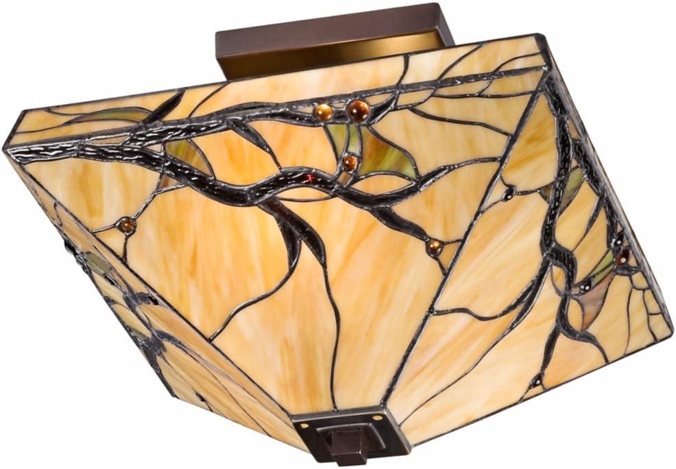 Robert Louis Tiffany Mission Rustic Ceiling Light Semi Flush Mount Fixture 14" Wide Bronze 2-Light Budding Branch Art Glass Shade for Bedroom Kitchen