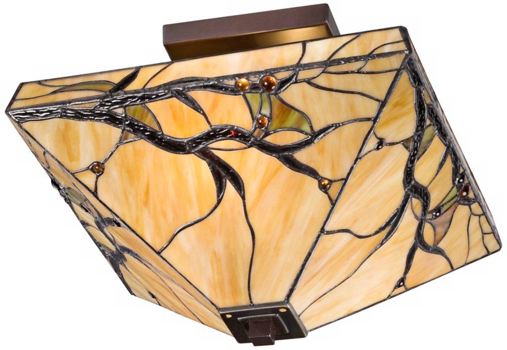 Robert Louis Tiffany Mission Rustic Ceiling Light Semi Flush Mount Fixture 14" Wide Bronze 2-Light Budding Branch Art Glass Shade for Bedroom Kitchen