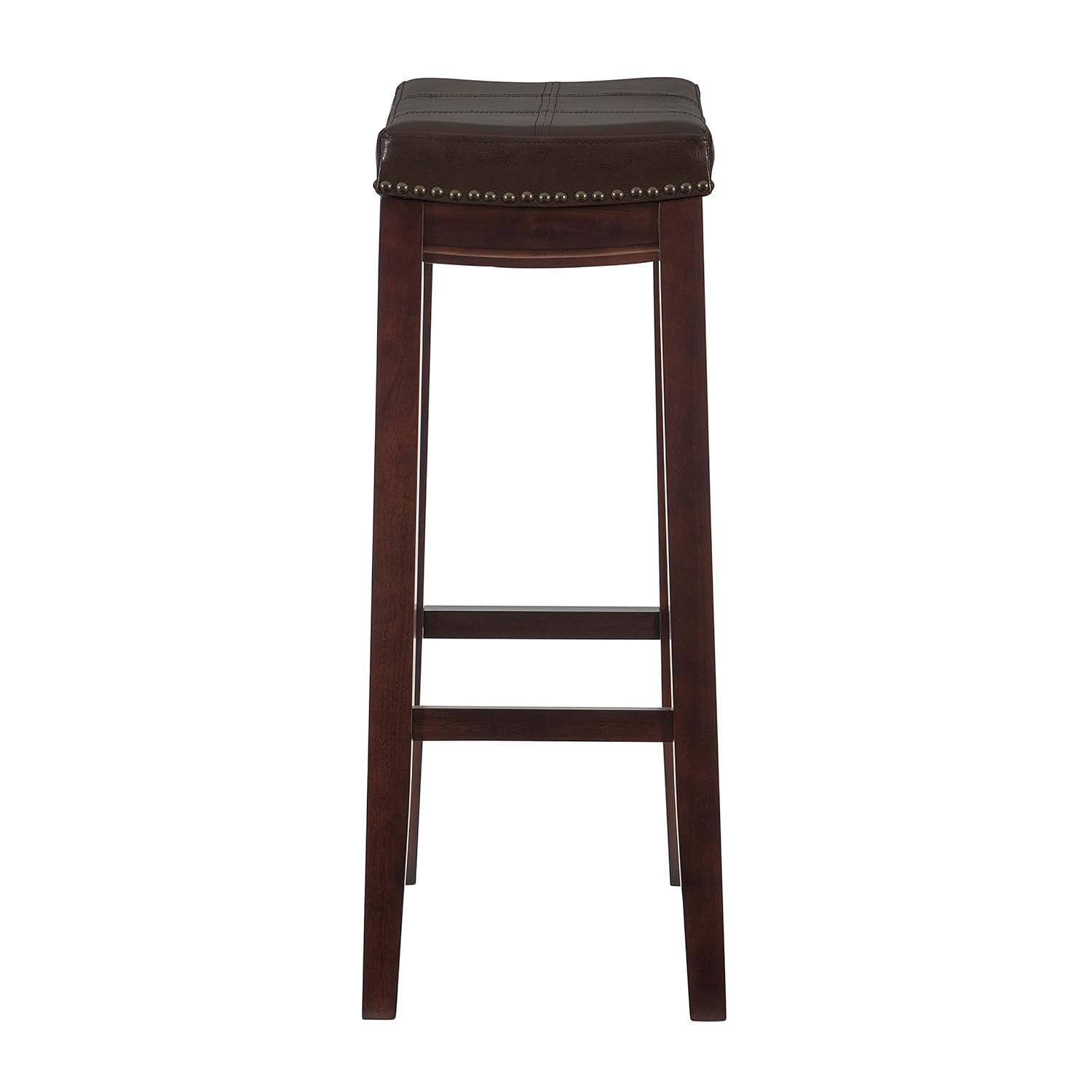 Linon Claridge Backless Wood Bar Stool, 32" Seat Height, Dark Brown Finish with Brown Faux Leather Fabric