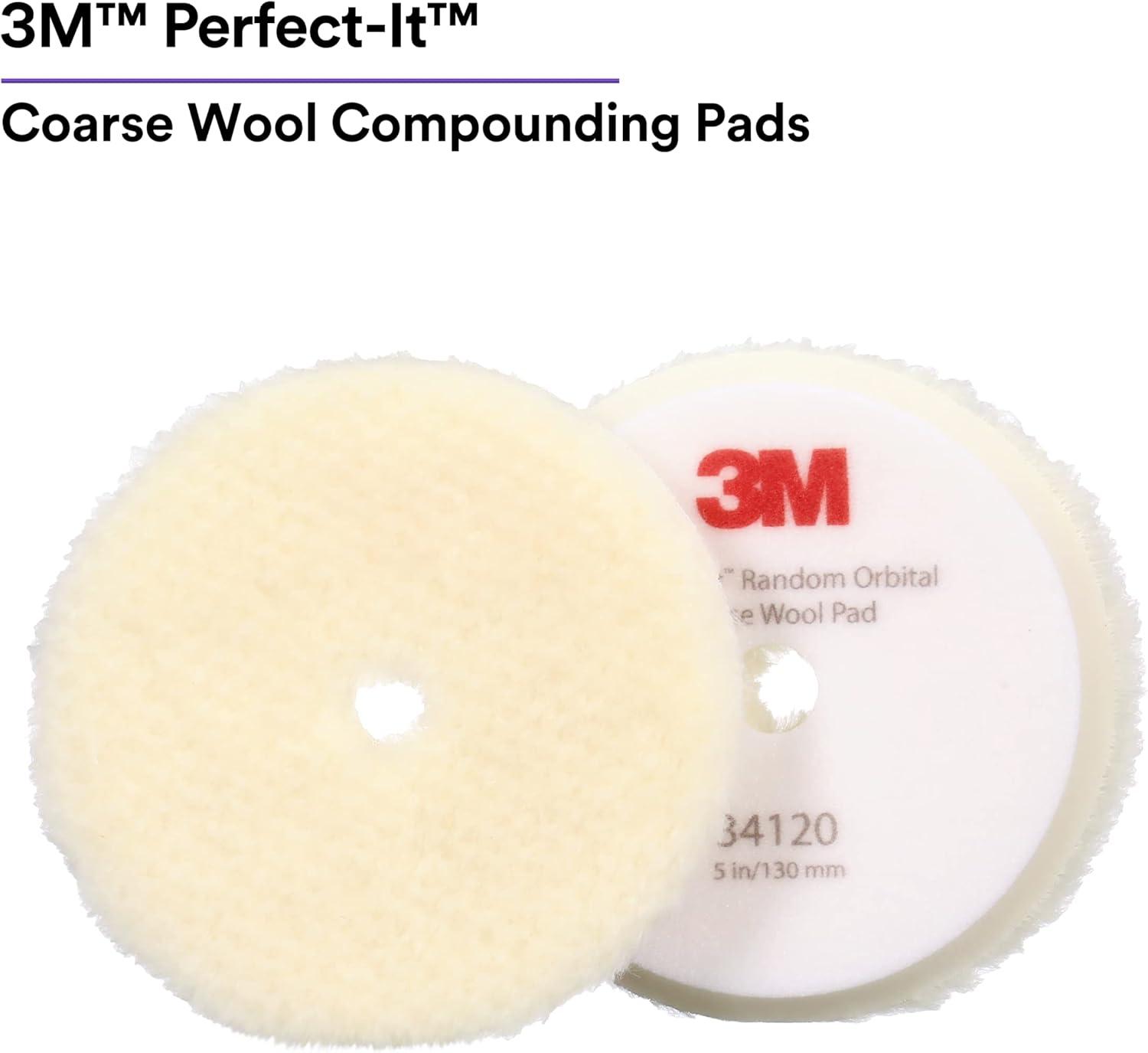 3M Perfect-It Random Orbital Coarse Wool Compounding Pad 34120, 5 Inch (130 mm), White, 2 Pads/Bag