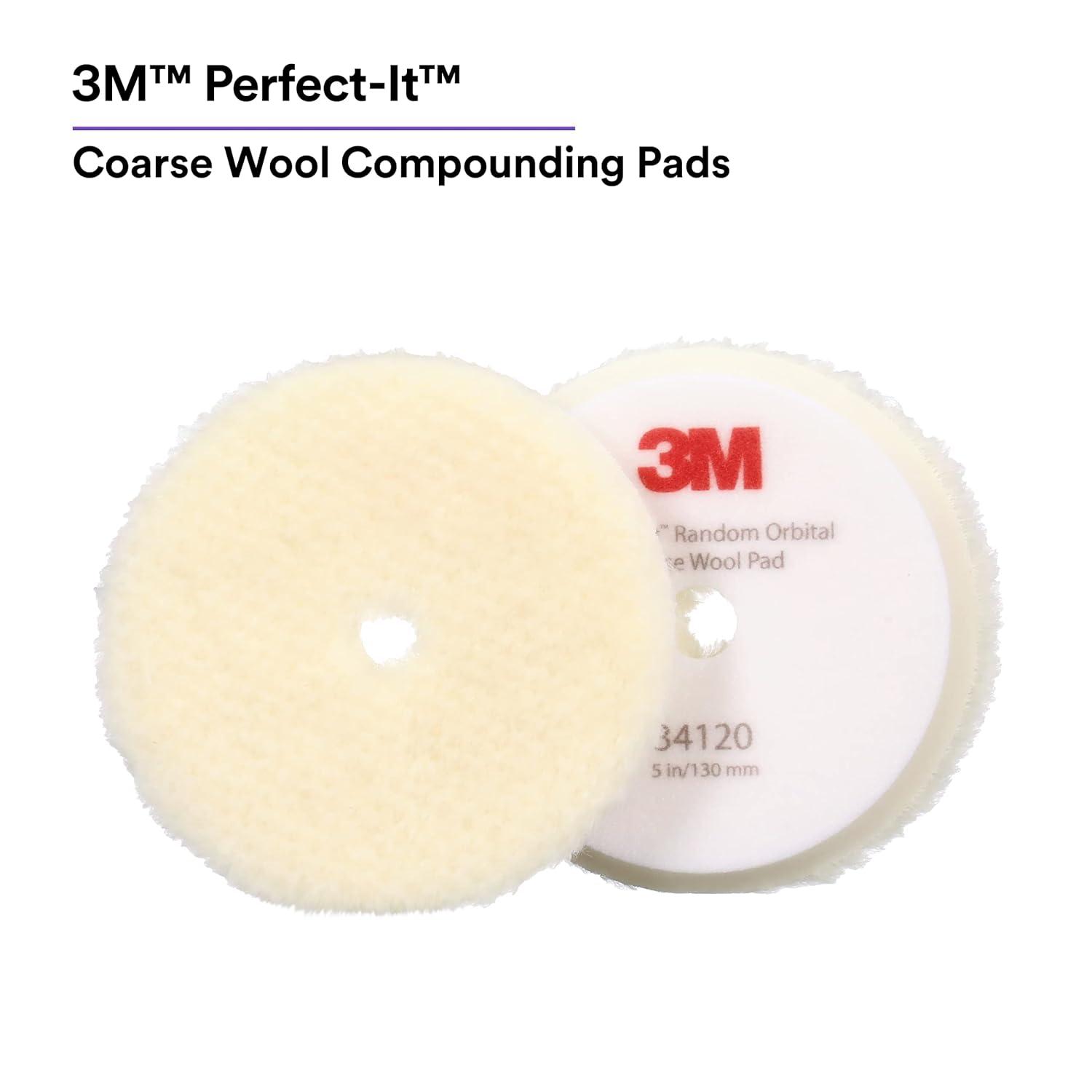 3M Perfect-It Random Orbital Coarse Wool Compounding Pad 34120, 5 Inch (130 mm), White, 2 Pads/Bag