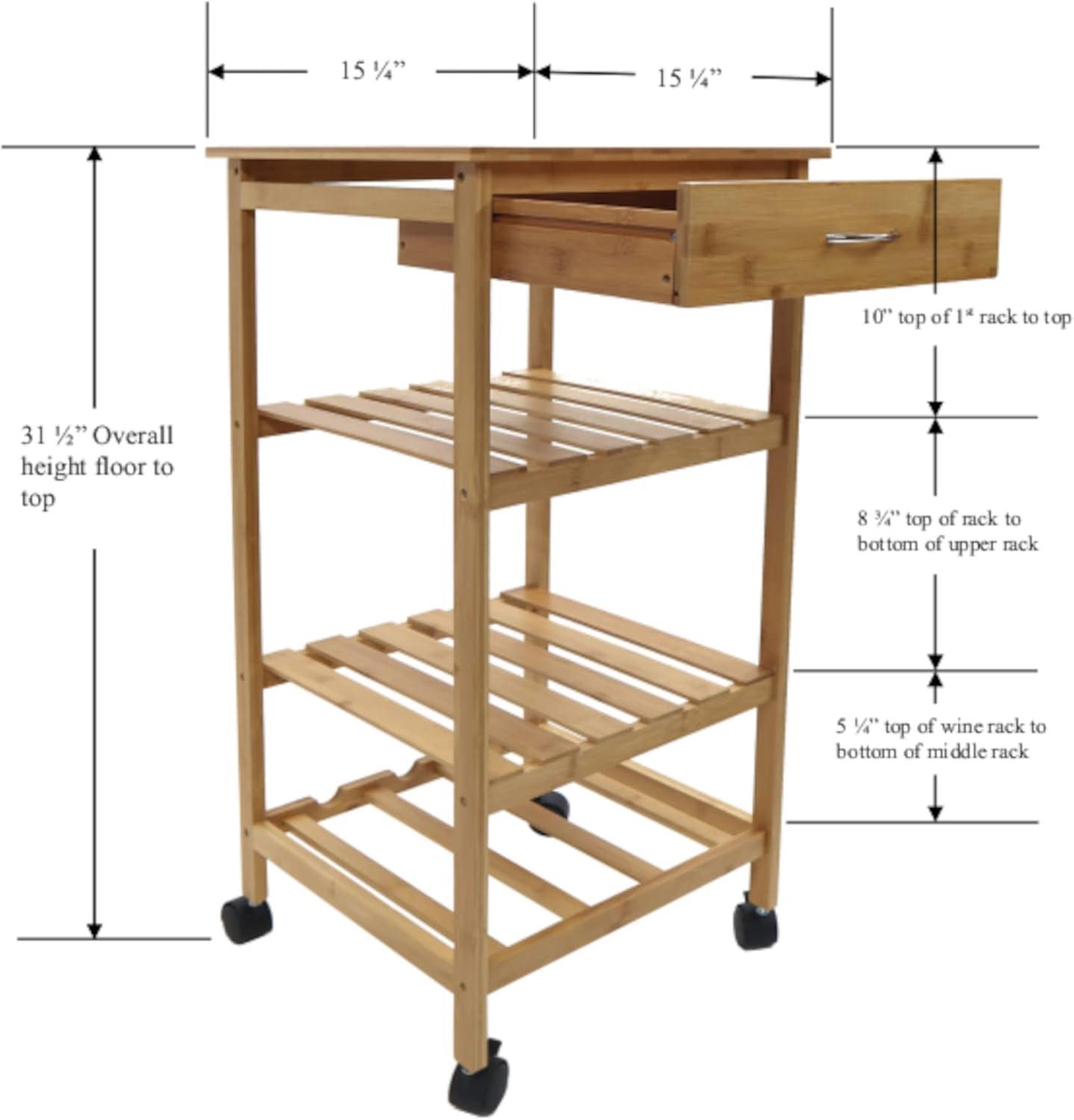 Redmon Bamboo Kitchen Storage Cart with Wine Rack, 15.25Wx15.25Dx31.5H