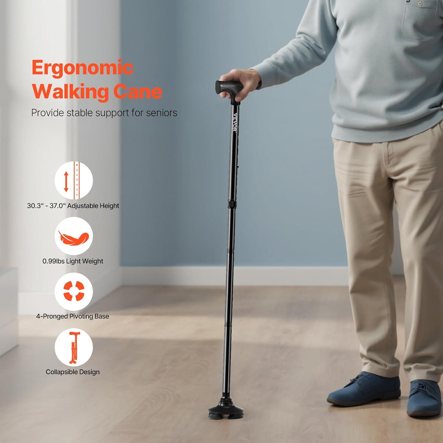 VEVOR Walking Cane for Man Woman, Folding Walking Stick with 8-Level Adjustable Height, 4-Pronged Pivoting Base, Lightweight & Portable Aluminum Mobility Aid for Seniors Adults, 250LBS Loading(Black)