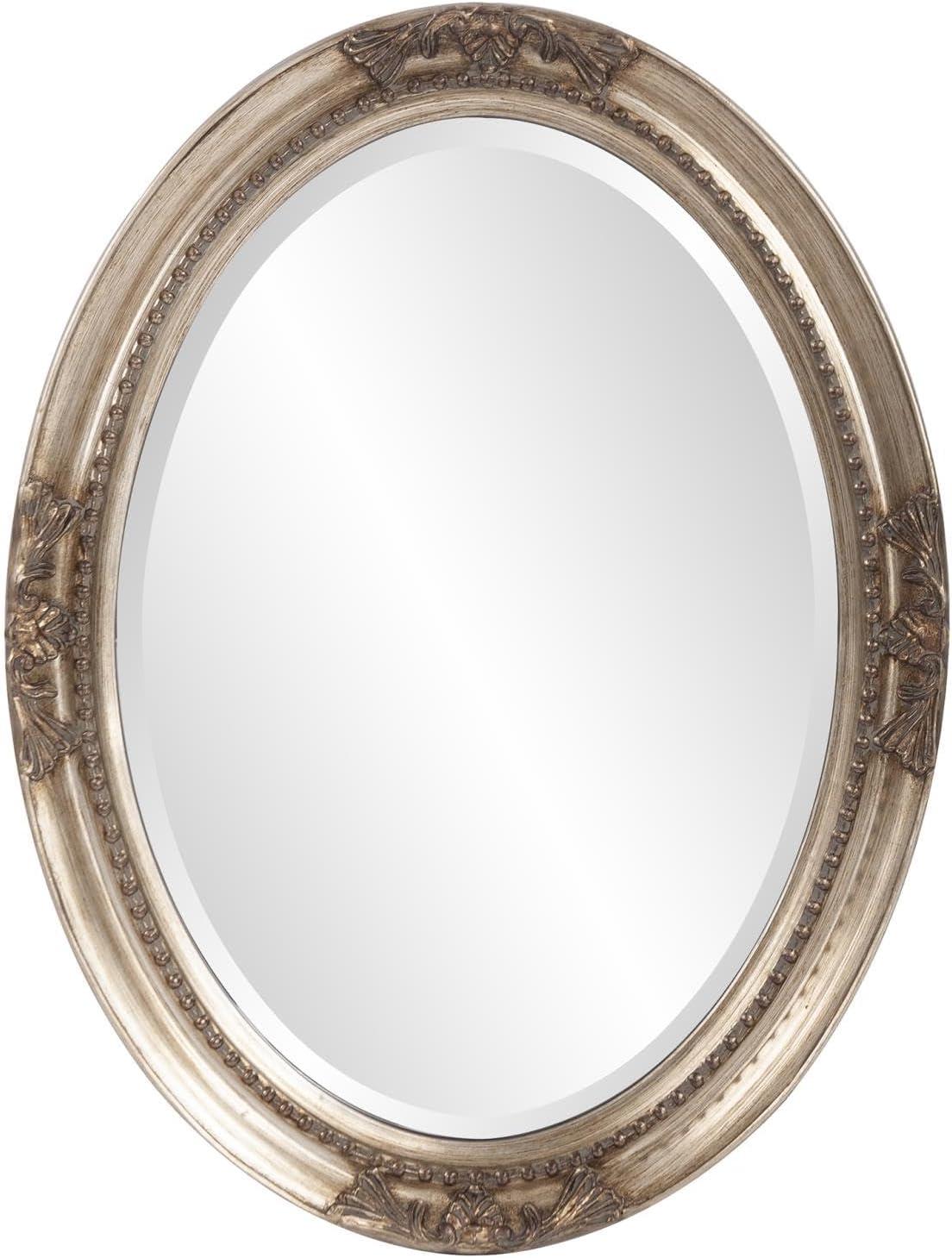 Antique Silver Oval Wood Wall Mirror with Beaded Frame