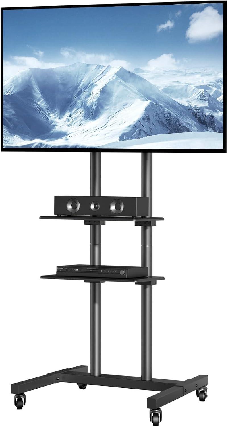 Black Adjustable Mobile TV Stand with Double Tray for 32-70 inch TVs