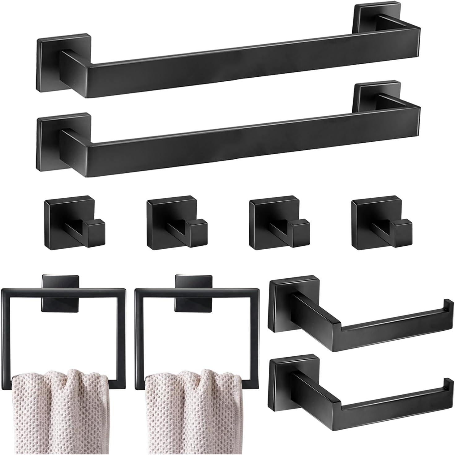 5 Pieces Square Matte Black Stainless Steel Bathroom Accessories Set Include 23.6 in Towel Bar, Toilet Paper Holder, Towel Ring, 2 Robe Towel Hooks