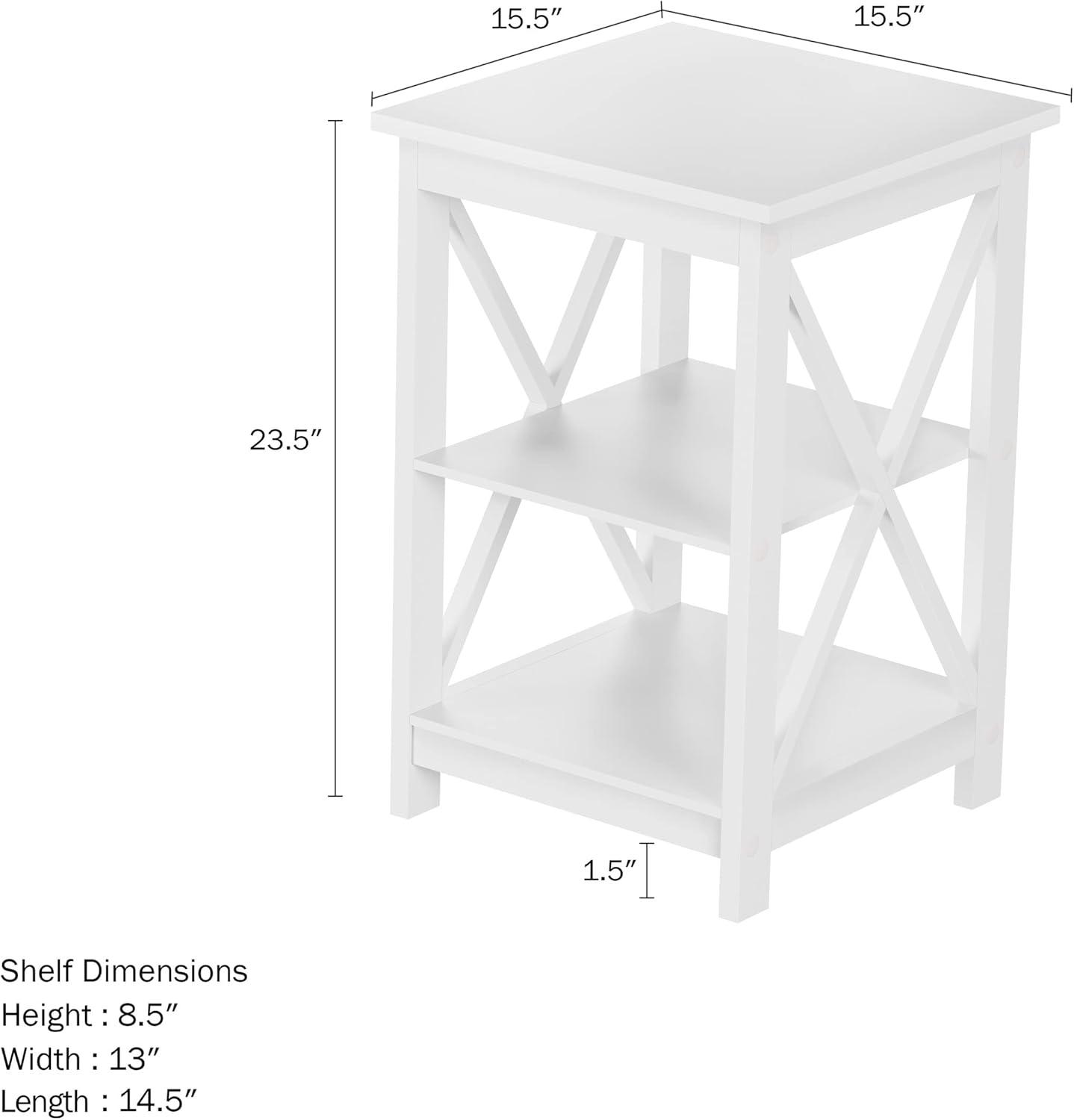 Lavish Home End Table with 2 Shelves and X-Leg Design, White