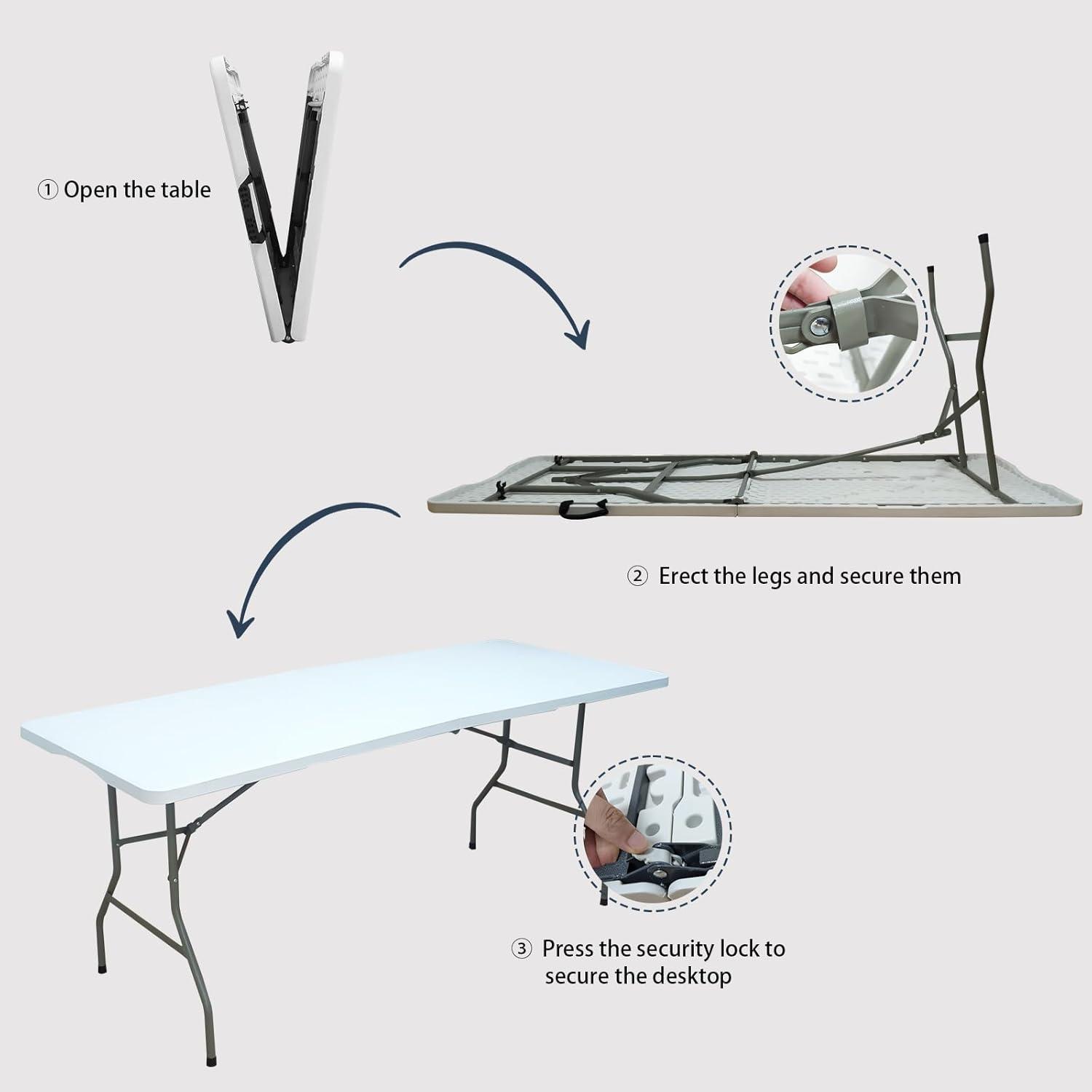 4 ft Portable Folding Table, Idustrial Heavy-Duty Foldable Table, HDPE Plastic Table, with Carrying Handle, Locks, Stright Legs for Indoor & Outdoor Party, Barbeque, Camping, Board Games - White