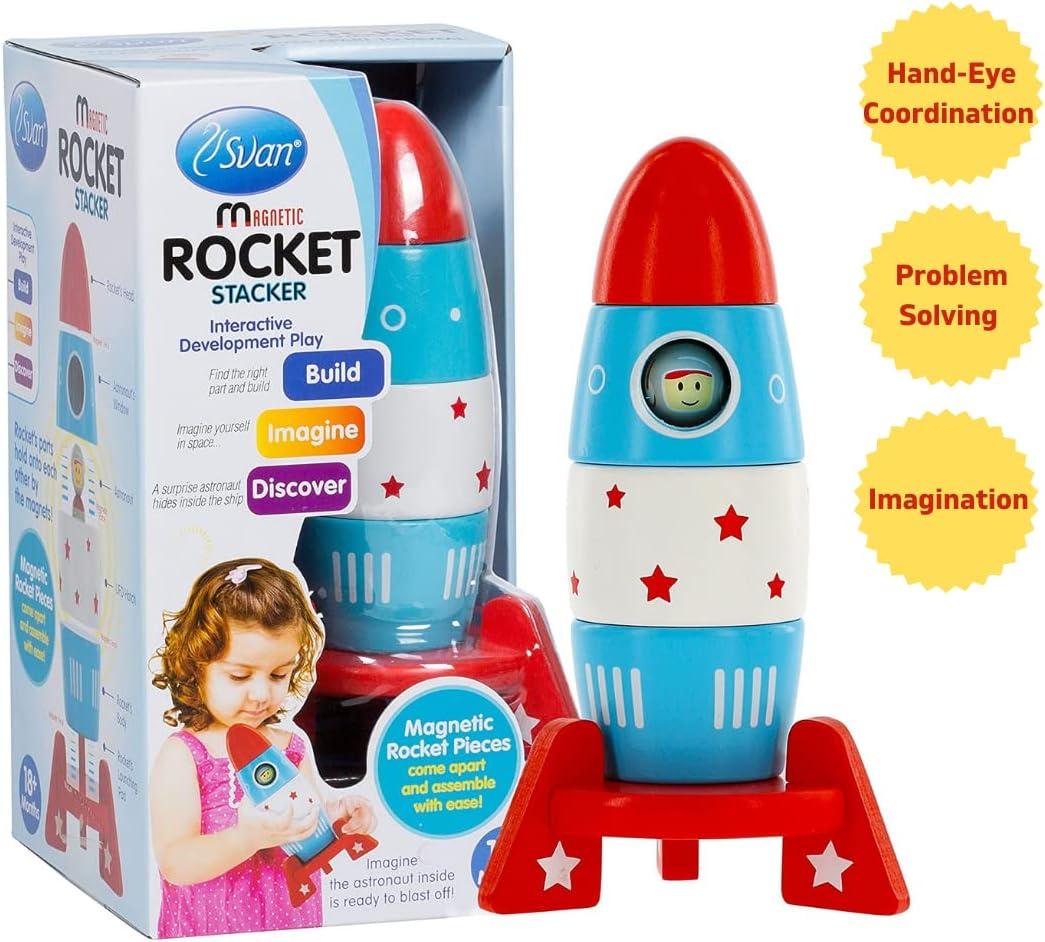 Svan Wooden Stacker Toy Space Rocket- 6 Magnetic Stacking Pieces-Building Set with Surprise Astronaut Inside, Hands On Game for Kids, Interactive Play