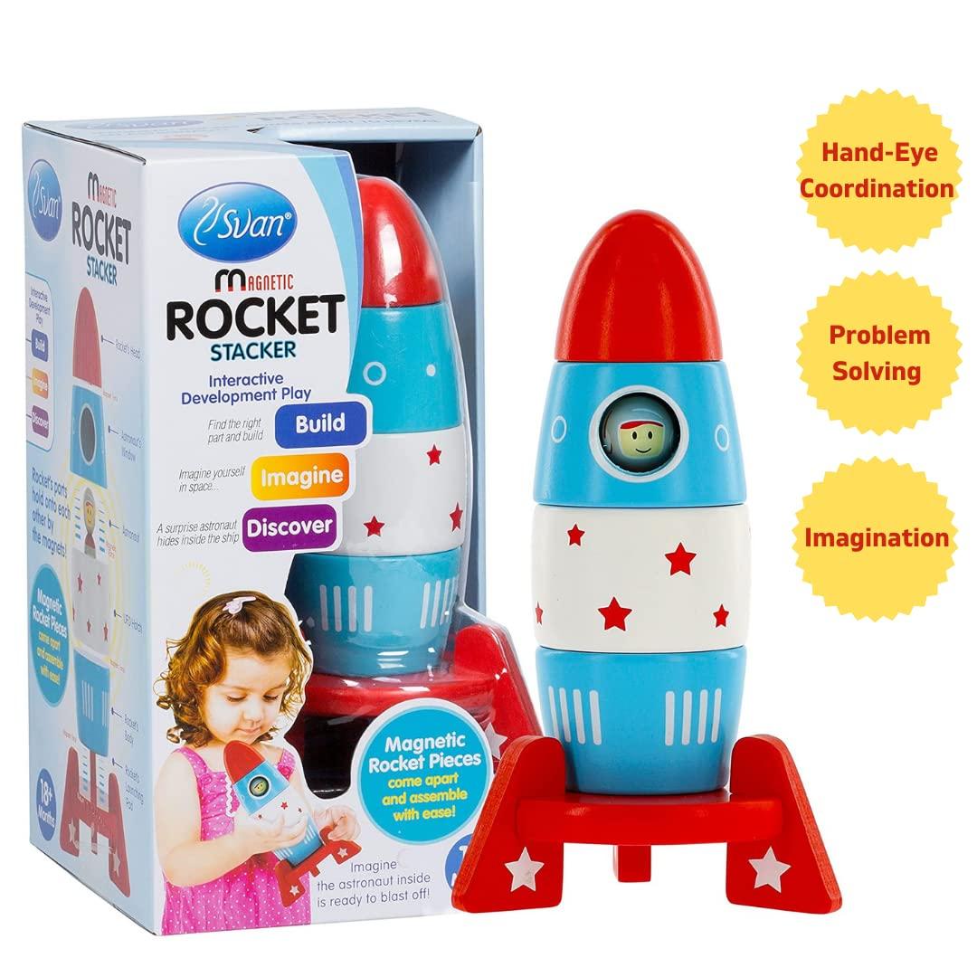 Svan Wooden Stacker Toy Space Rocket- 6 Magnetic Stacking Pieces-Building Set with Surprise Astronaut Inside, Hands On Game for Kids, Interactive Play