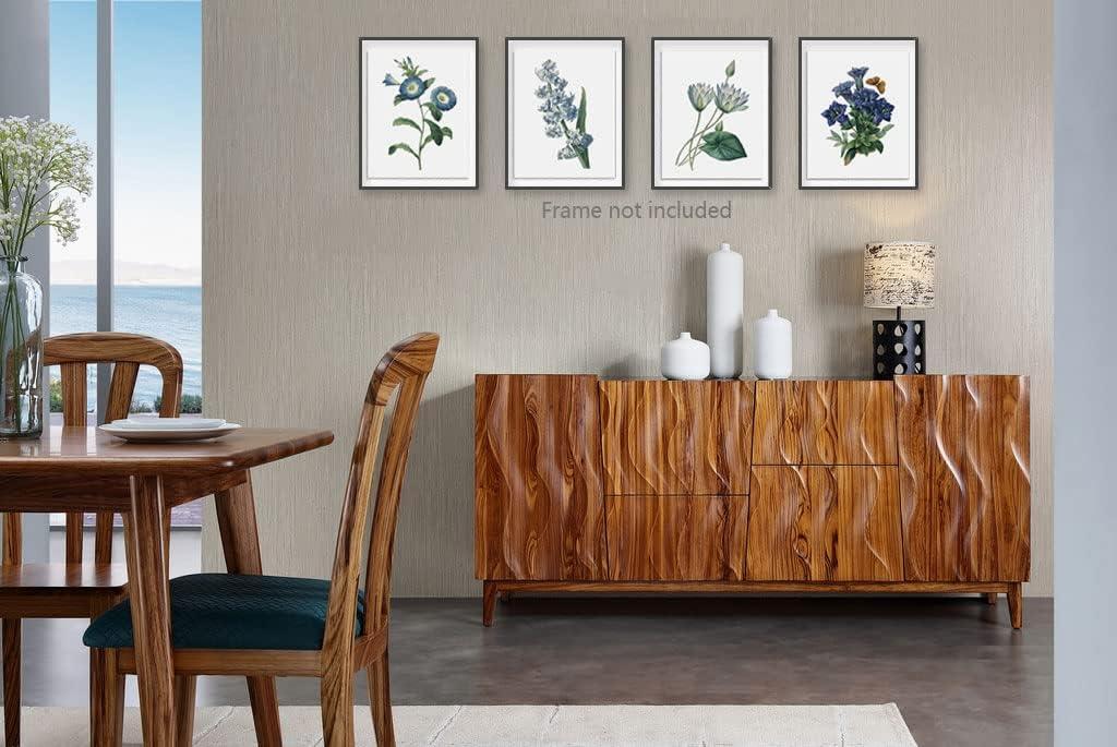 Blue Flower Canvas Wall Art Print, Vintage Floral Botanical Decor Antique Botany Poster, Blue Tone Morning Glory Water Lily Hyacinth Gentian Decorate for Office, Set of 4 ,8 X 10 In Unframed