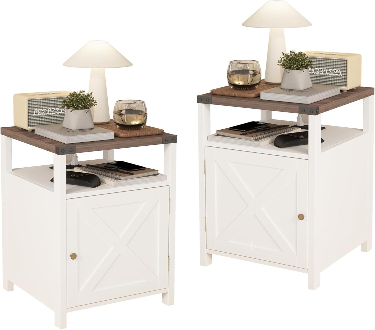 Wood Nightstands with Charging Station End Table Bedside Tables with Barn Door