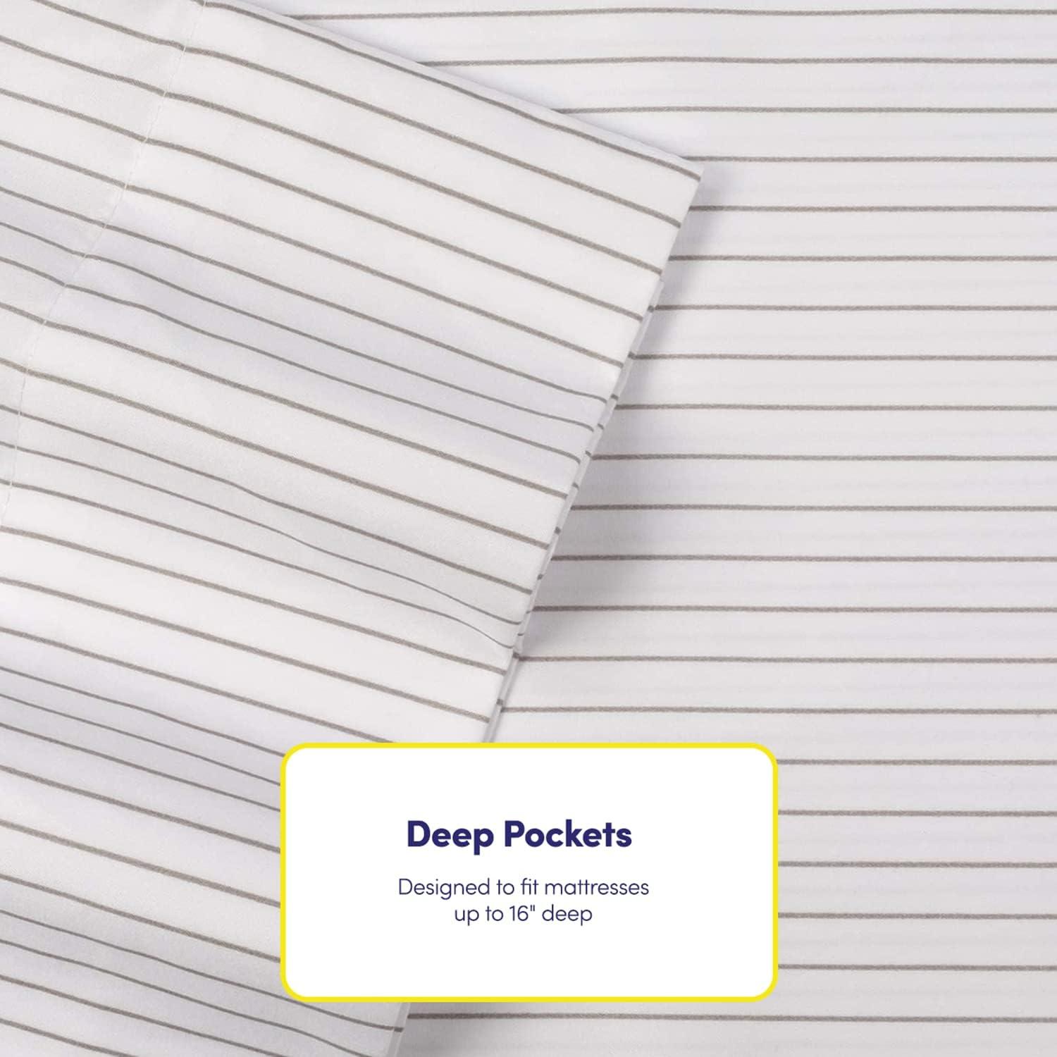 California King Pinstripe White Microfiber Deep Pocket Sheet Set