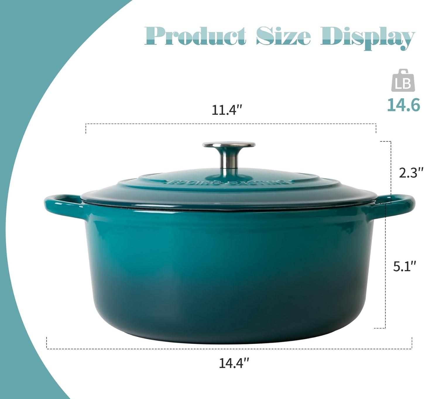 Enameled Cast Iron Dutch Oven Pot with Lid for Bread Baking, Cooking, Round Bread Oven Dual Handles, 7 Quart, Darkcyan