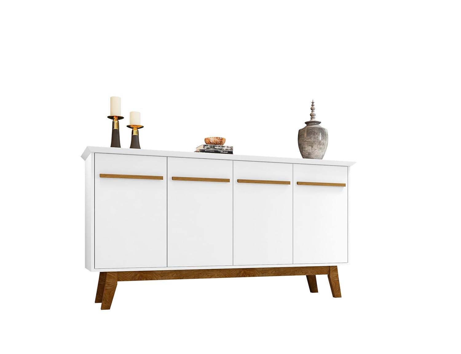 62.99" Yonkers Sideboard White - Manhattan Comfort: Mid-Century Buffet, Storage Console with 4 Doors & Fixed Shelves