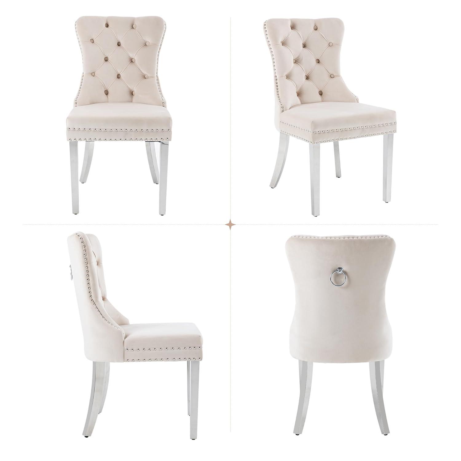BELLEZE Upholstered Dining Chairs Set of 2, Velvet Luxury Dining Room Chairs with Button Back, Nailhead Trim, Pull-ring, Solid Wood Legs for Kitchen, Living Room, Restaurant - Chandler (Beige)