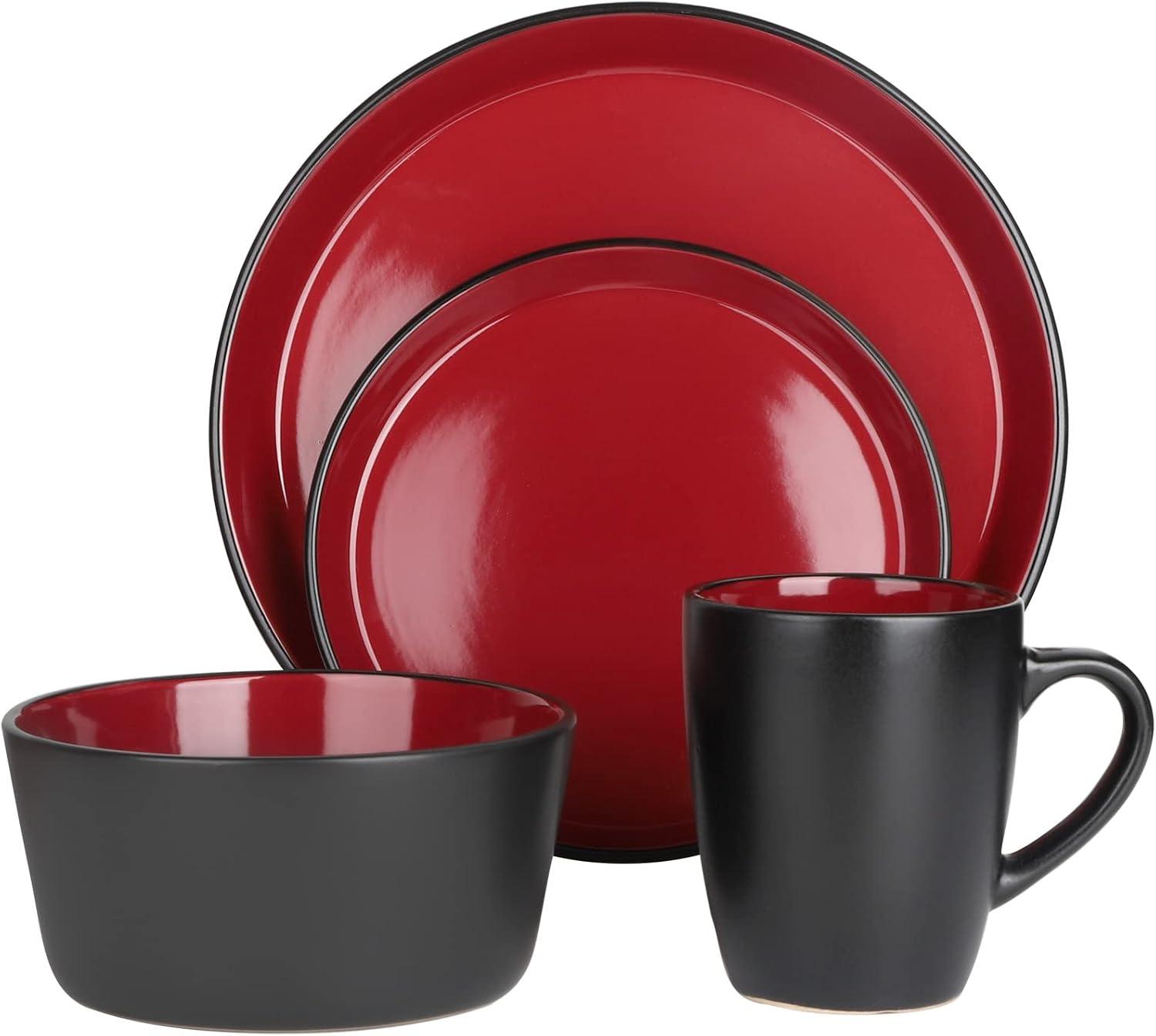 Bestone 16 Piece Dinnerware Set, Stoneware, Chip Resistant, Dinnerware Sets, Plates, Dishes, Bowls, Service for 4, Square，Red and Black