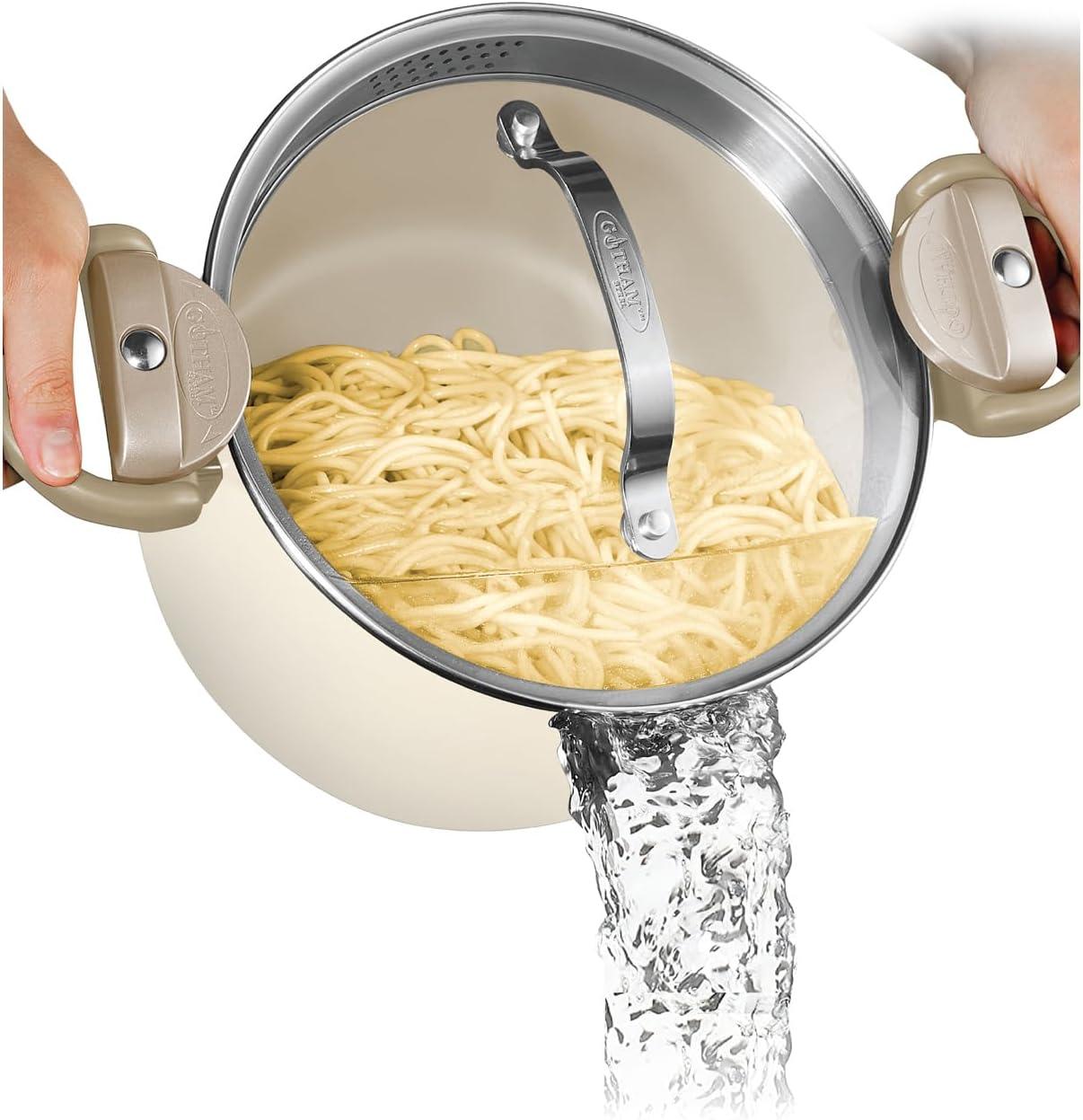 Gotham Steel Cream Ultra Nonstick Ceramic 5 Qt Pasta Pot with Strainer and Twist & Lock Handles