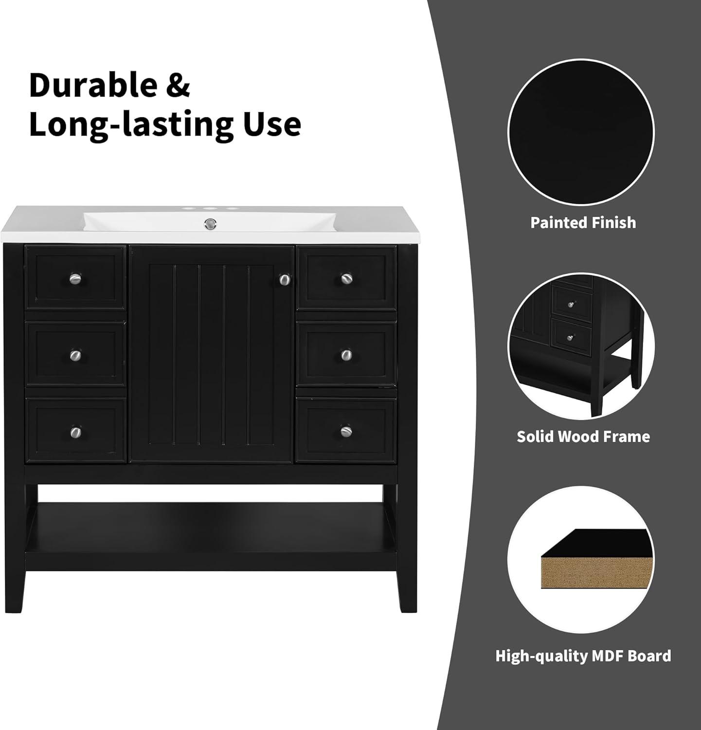 36" Bathroom Cabinet Vanity with Sink Combo, Bathroom Storage Cabinet with 3 Drawers and Two Doors, Solid Wood Frame and MDF Board (Black)