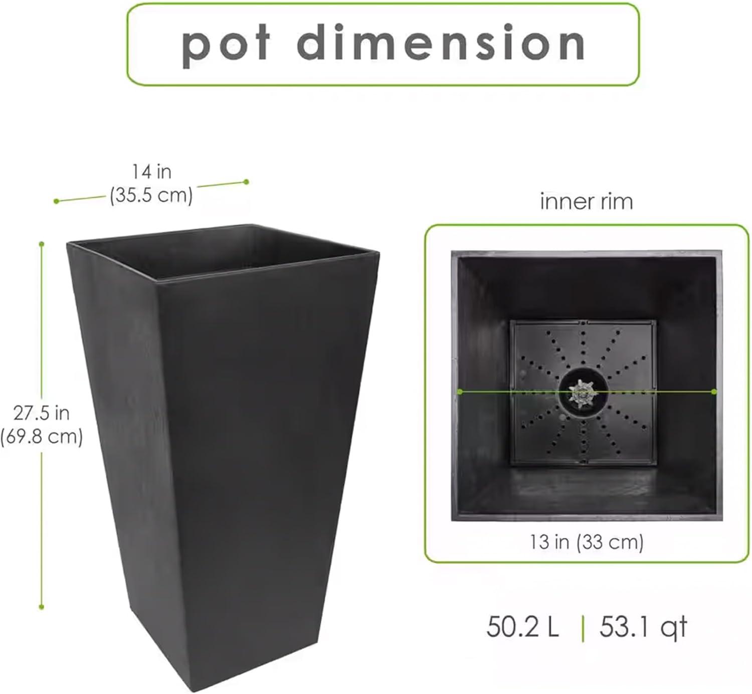 Tierra Verde 2pc Sonata Tall Square Indoor Outdoor Self-Watering Planter Pots Black 15"x28"