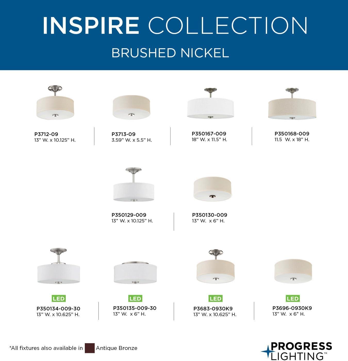 Progress Lighting Inspire 1-Light LED Semi-Flush Mount, Brushed Nickel, Linen Shade