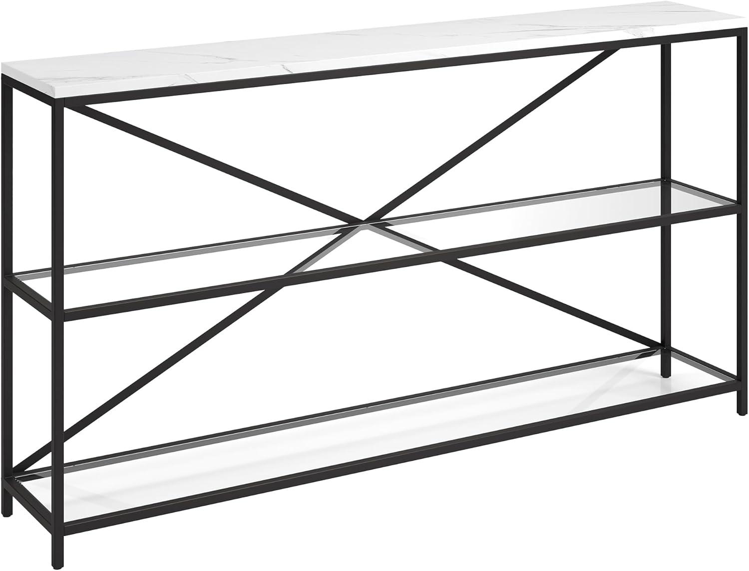 Evelyn&Zoe Fionn 55" Wide Rectangular Console Table with Faux Marble Top, Blackened Bronze