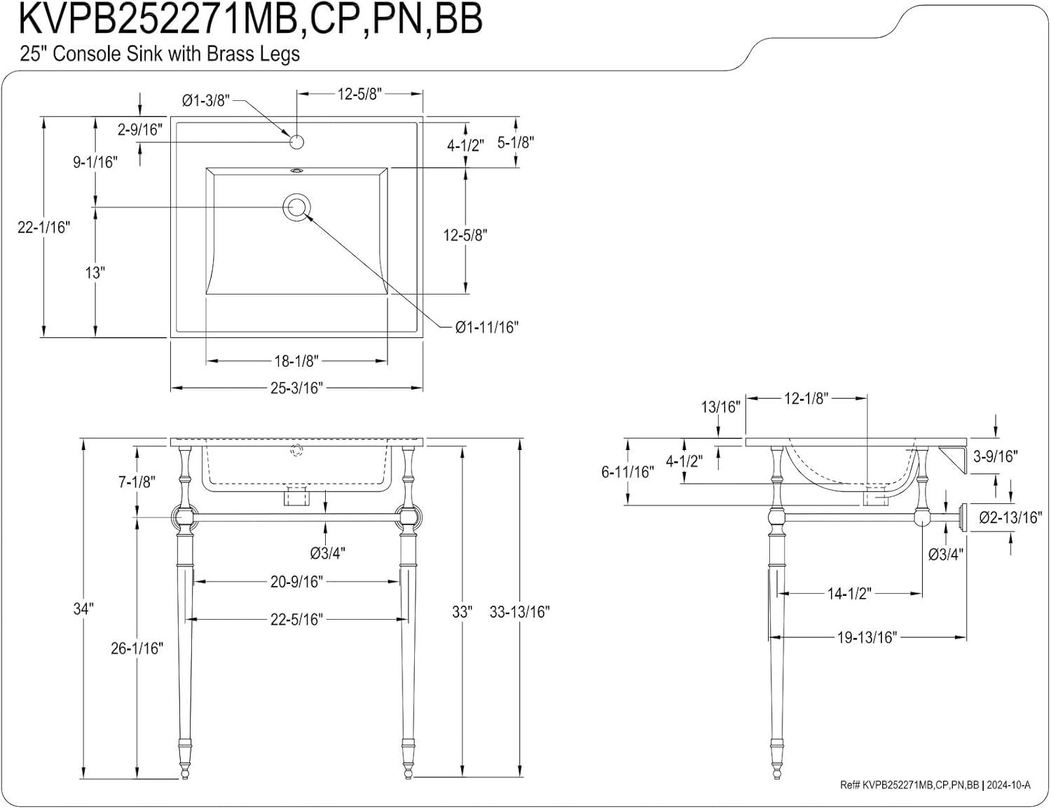 Kingston Brass Edwardian 25-Inch Ceramic Console Sink with Brass Legs (1-Hole)