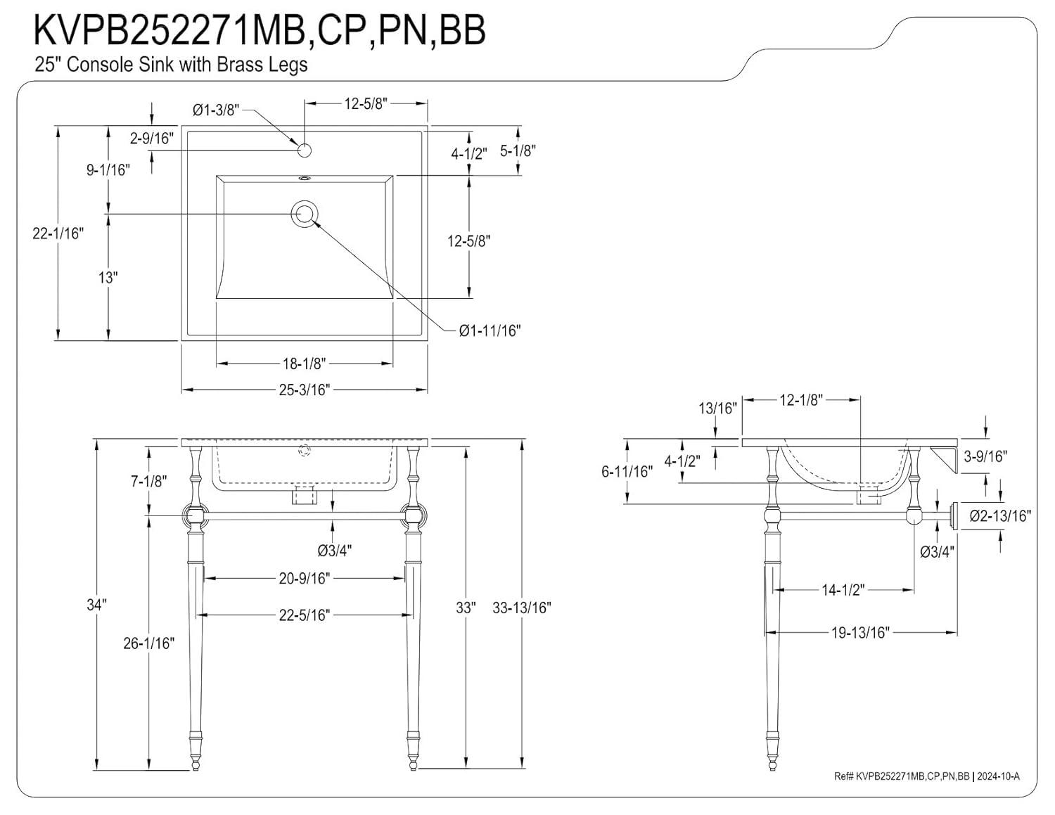 Kingston Brass Edwardian 25-Inch Ceramic Console Sink with Brass Legs (1-Hole)