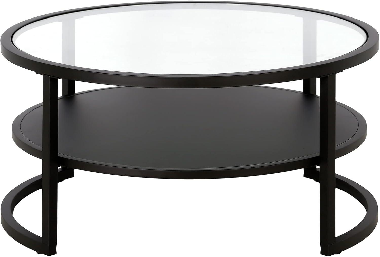 Elegant Industrial Round Coffee Table with Tempered Glass Top and Metal Shelf