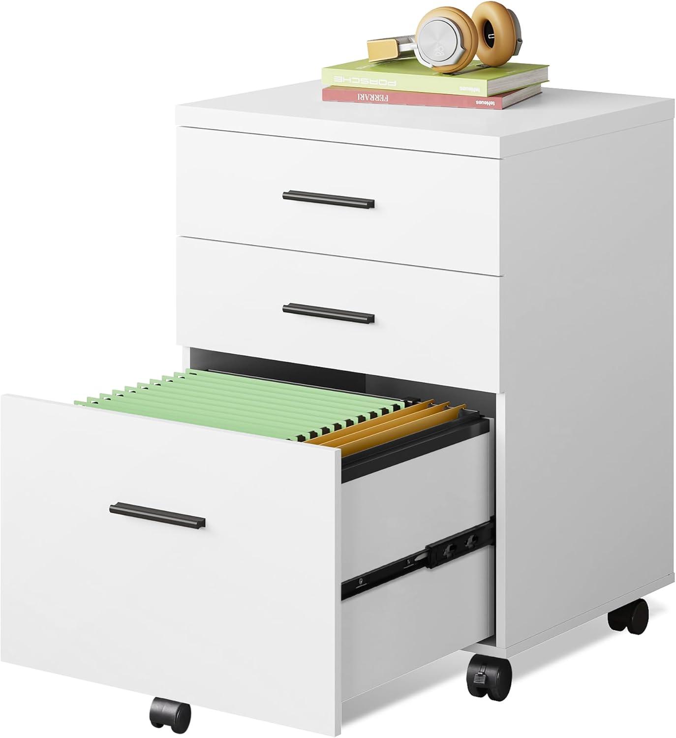 3 Drawer File Cabinet For Home Office, Wood Under Desk Filing Cabinet, Rolling Printer Stand