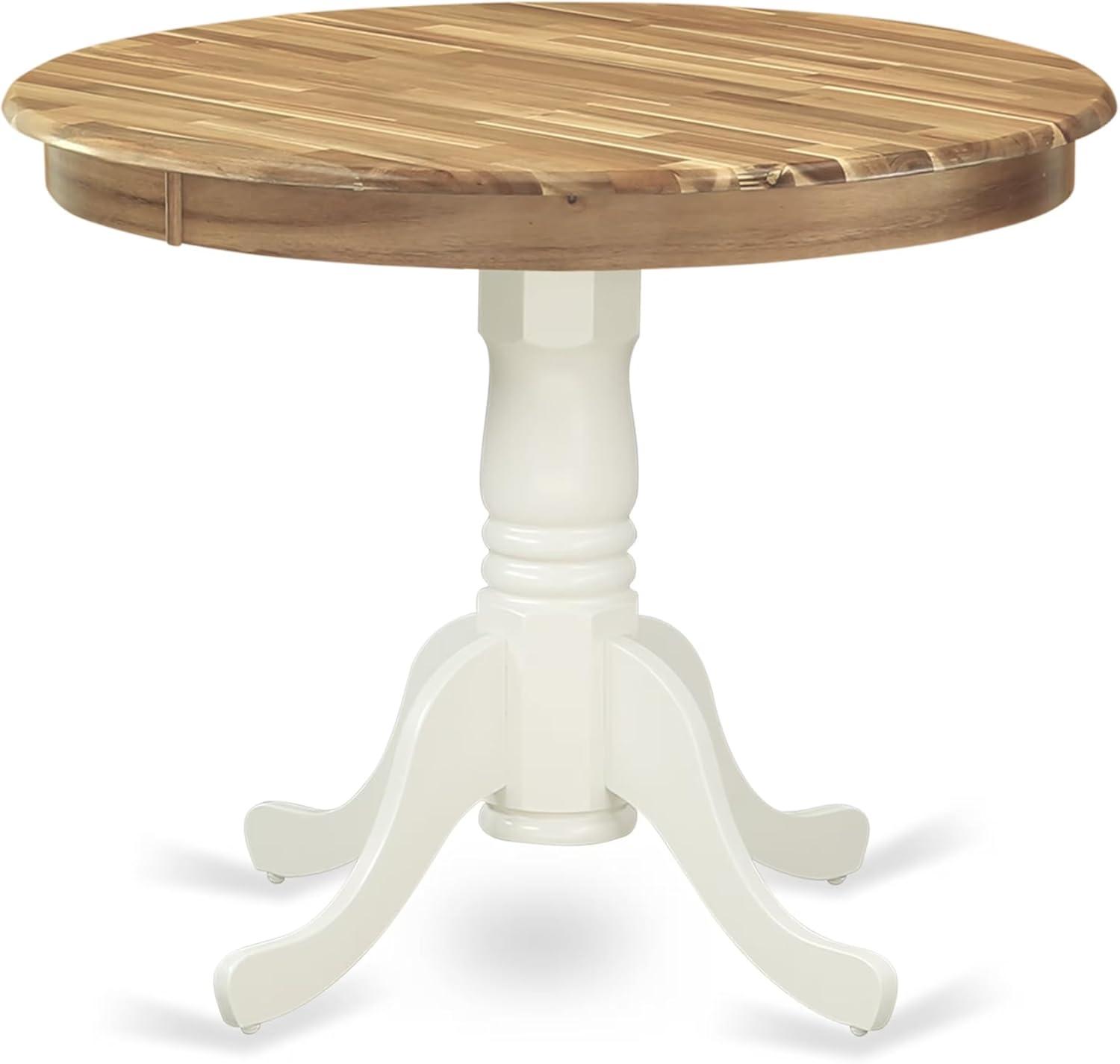 36 in. Antique Round Acacia Wood Dining Table with Linen White Pedestal