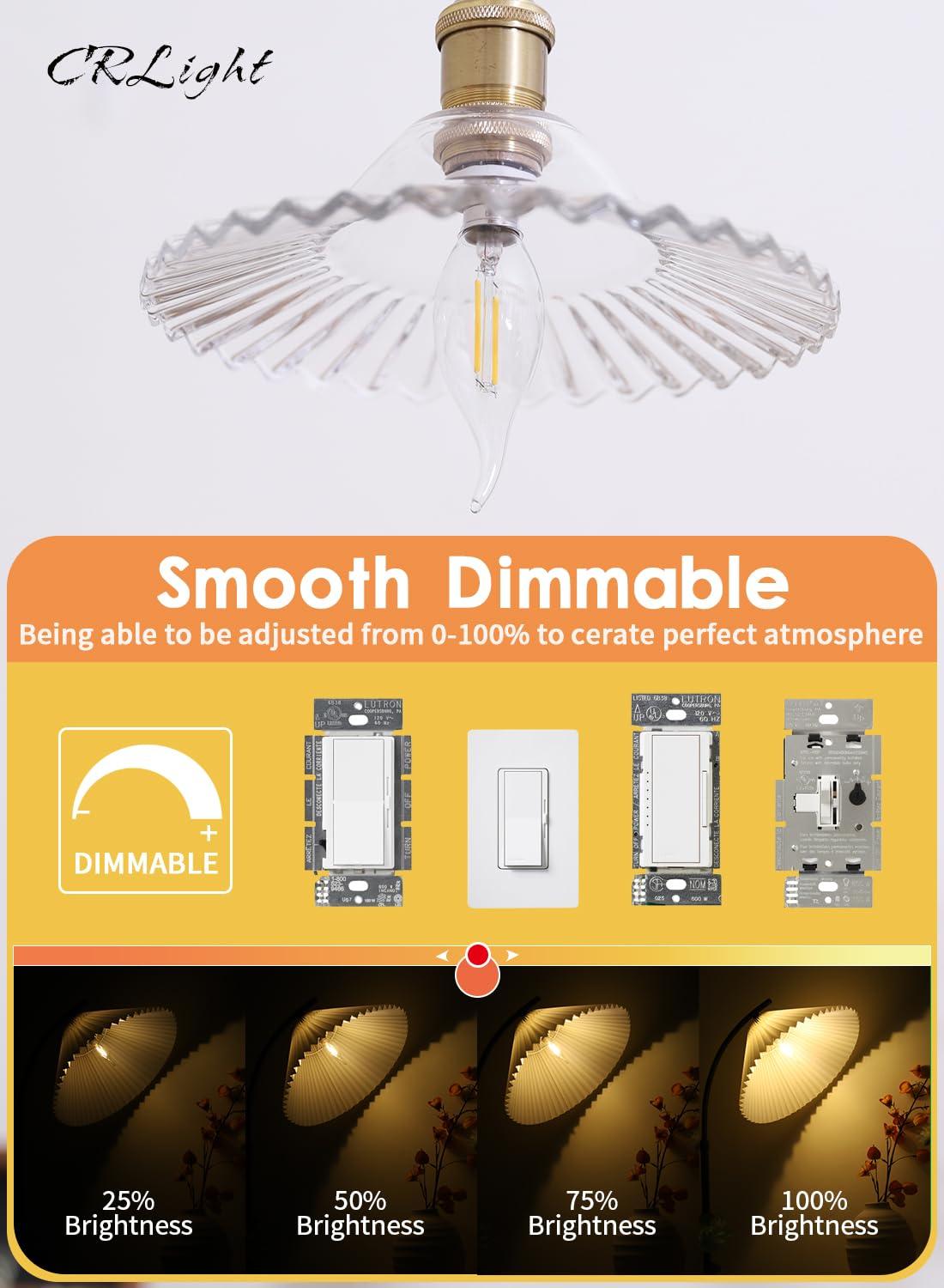 CRLight ETL Listed 2W Dimmable LED Candelabra Bulb 2700K Warm White, 250LM 25W Incandescent Equivalent, E12 Chandelier Candle Bulbs, C35 Clear Flame Shape Bent Tip, 360 Degrees Beam Angle, 10 Pack