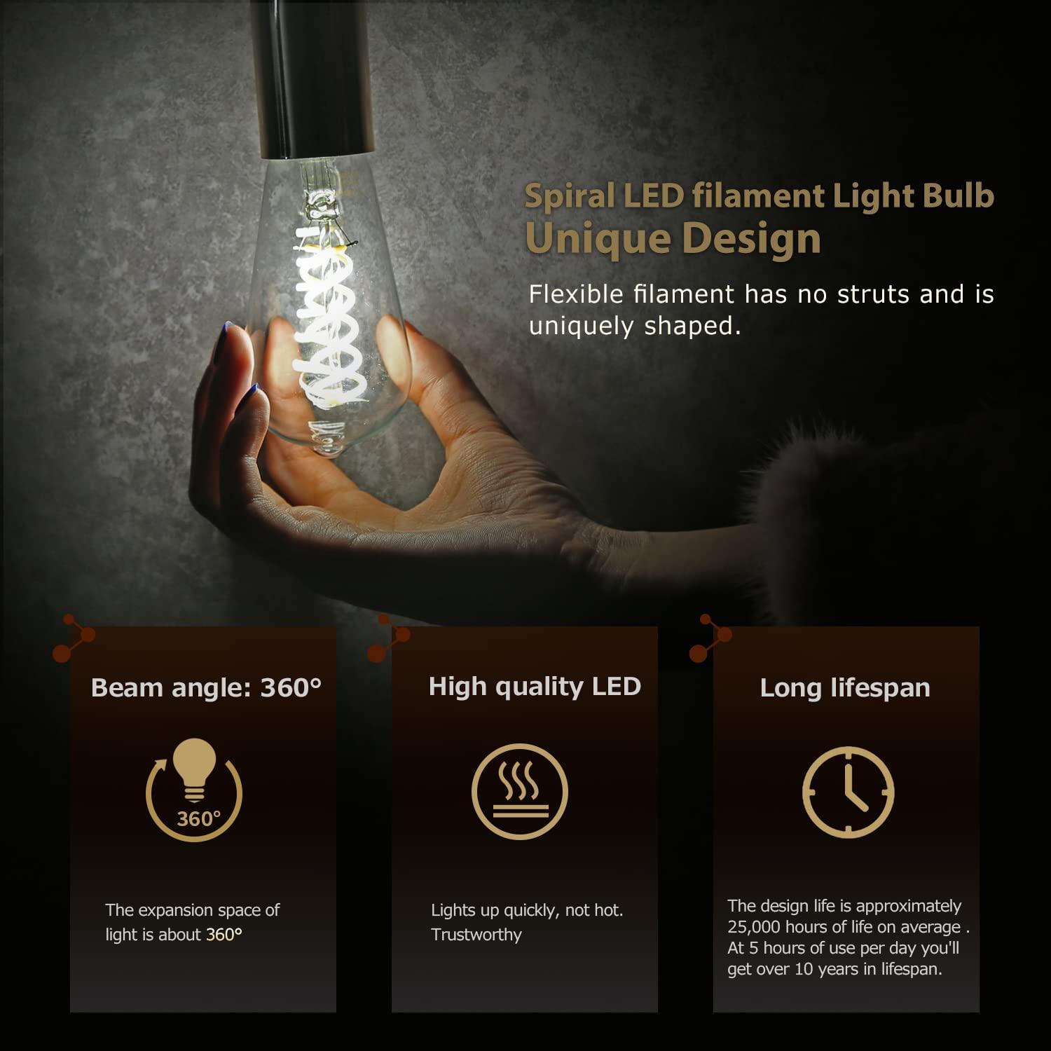 6 Pack ST19 ST58 Edison Bulb, Vintage LED Filament Bulb,Softy White 2700K, Antique Flexible Spiral LED Filament Light Bulb, Dimmable 600LM, 6W Equivalent to 60W, E26 Base,Clear Glass