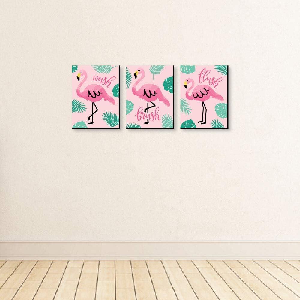 Big Dot of Happiness Pink Flamingo - Kids Bathroom Rules Wall Art - 7.5 x 10 inches - Set of 3 Signs - Wash, Brush, Flush