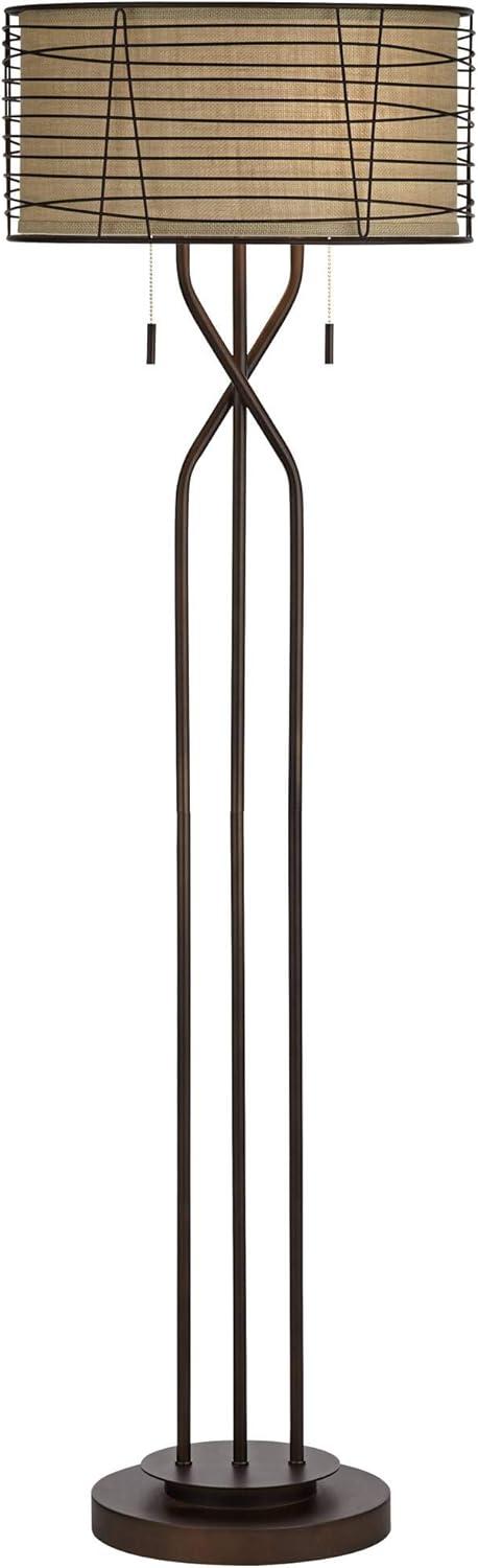 Franklin Iron Works Marlowe Rustic Farmhouse Floor Lamp 60 1/2" Tall Bronze Metal Oster Woven Burlap Fabric Inner Drum Shade for Living Room Bedroom