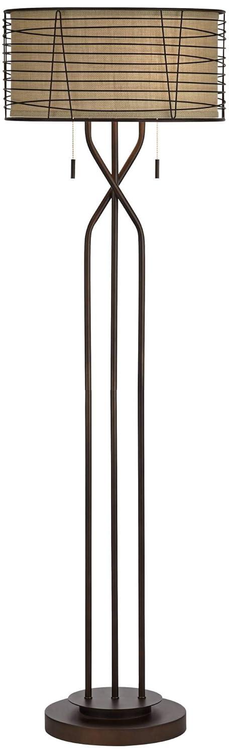 Franklin Iron Works Marlowe Rustic Farmhouse Floor Lamp 60 1/2" Tall Bronze Metal Oster Woven Burlap Fabric Inner Drum Shade for Living Room Bedroom