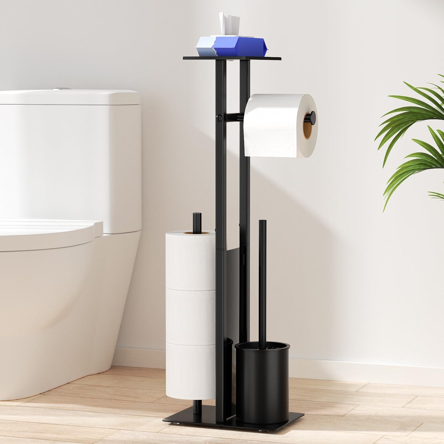 Black Freestanding Toilet Paper Holder with Brush and Storage Shelf