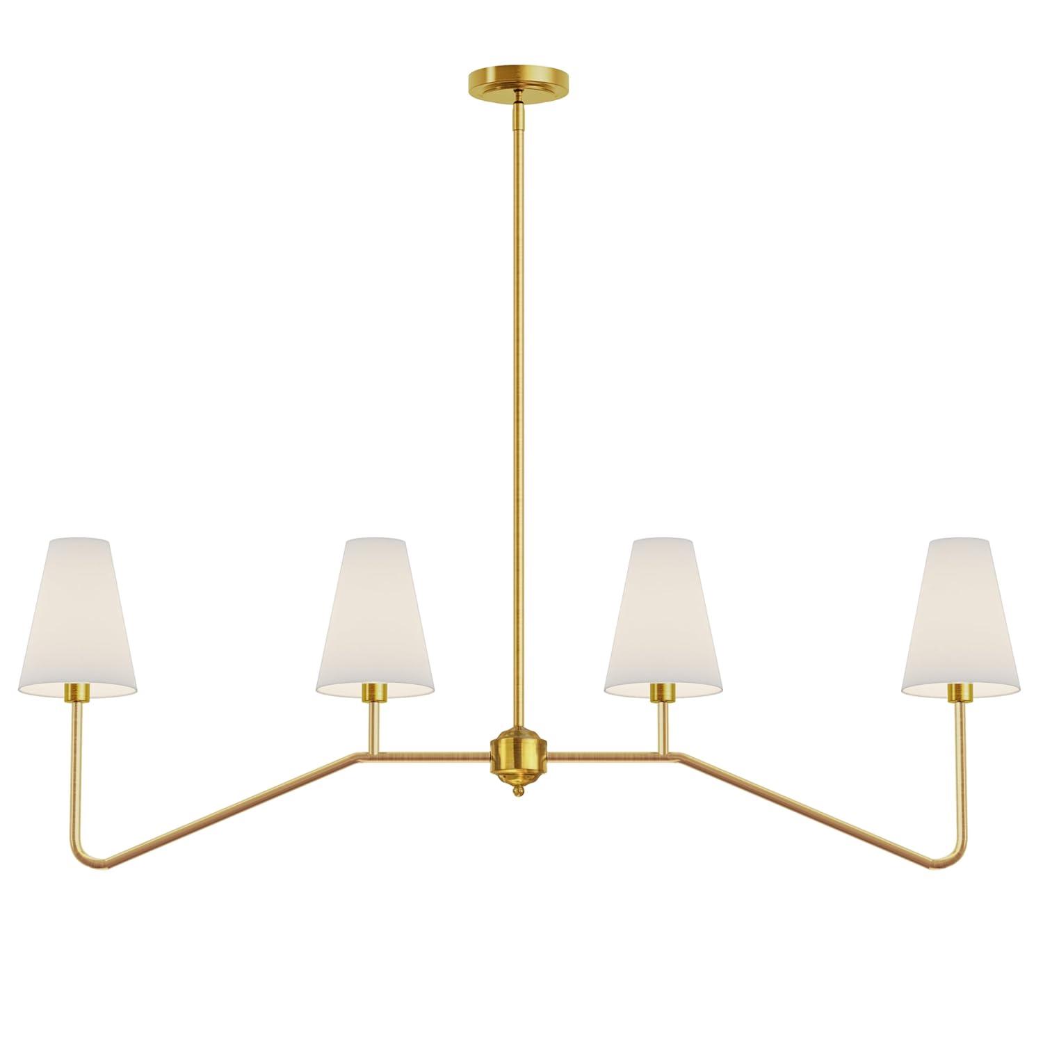 Brightever 4-Light Gold Linear Chandelier, Kicthen Island Light Fixture for Dining Room Over Table, Modern Pendant Lighting with White Fabric Shades for Pool Table, E12 Base (Bulb not Included)