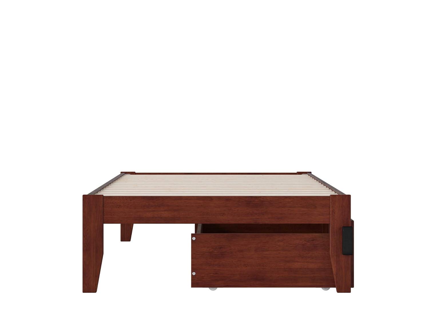 Symmetrical Twin XL Walnut Bed with USB Charger and Storage Drawers