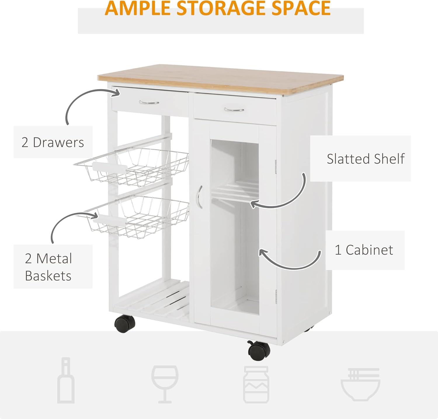 HOMCOM 28†Rolling Kitchen Trolley Serving Cart Storage Cabinet Bamboo Top with Wire Basket & Glass Door & Drawers - White