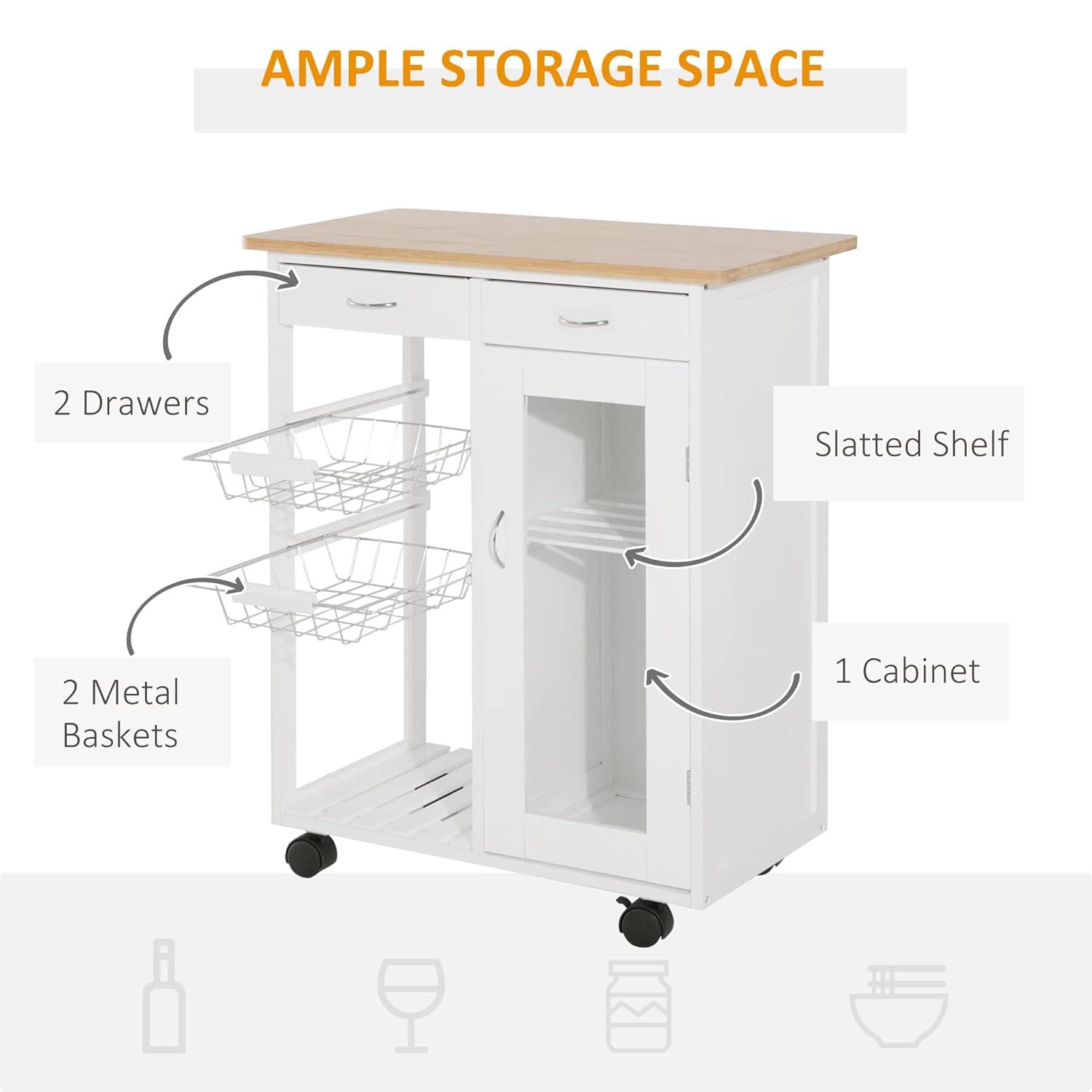 HOMCOM 28†Rolling Kitchen Trolley Serving Cart Storage Cabinet Bamboo Top with Wire Basket & Glass Door & Drawers - White