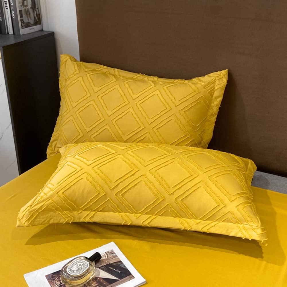 MorroMorn 5 PCS Boho Bedding Sets, Textured Duvet Cover Set, Tufted Comforter Covers, Diamond Jacquard Soft Breathable Neutral for Man Woman Bed Bedroom All Seasons (Yellow, Full/Queen)