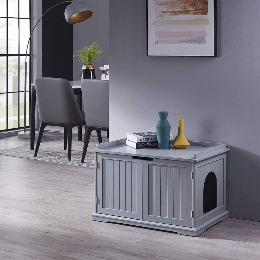 Gray Wooden Cat Washroom Storage Bench with Litter Box Cover