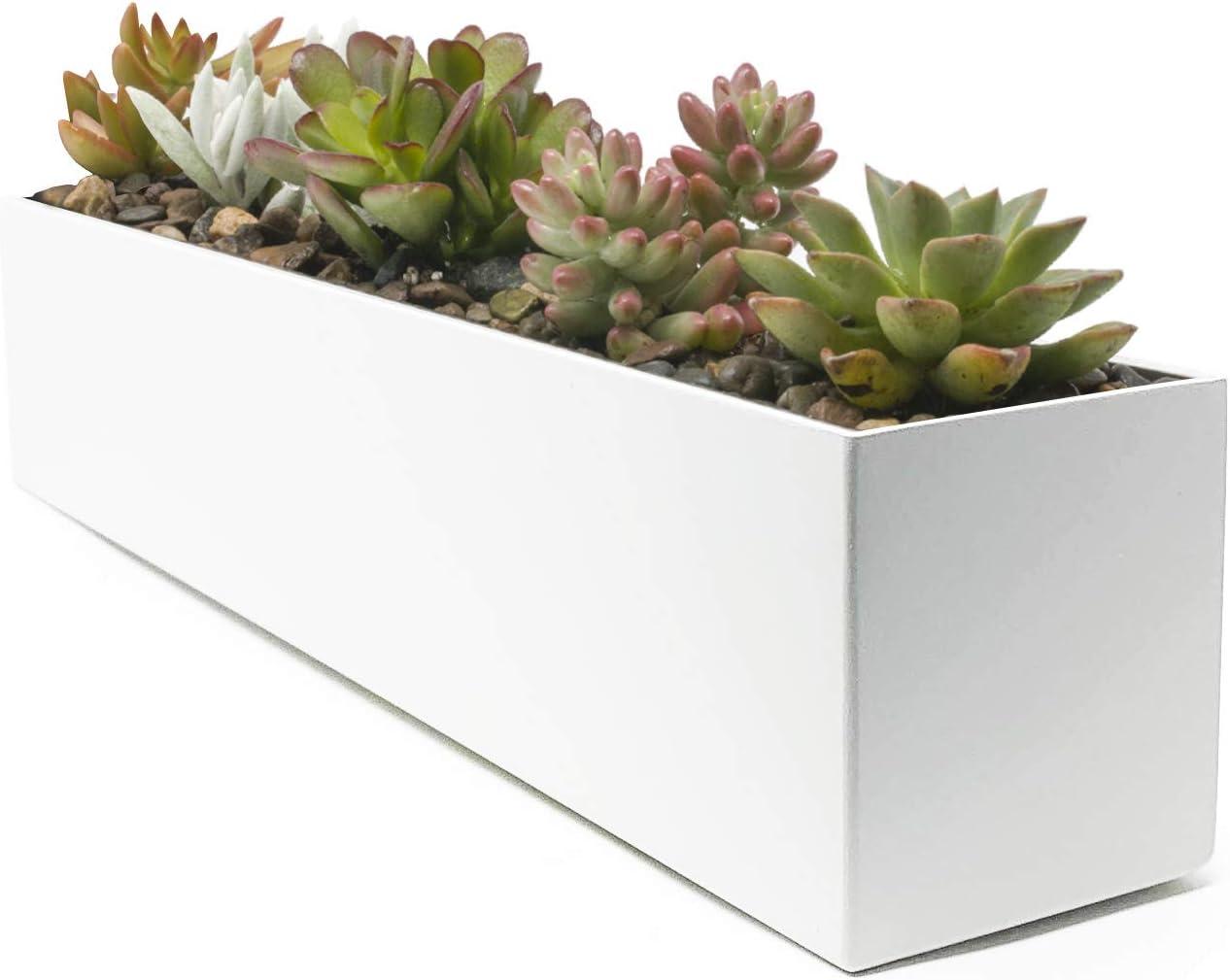 Modern White Steel Rectangular Outdoor Planter, 16 Inch